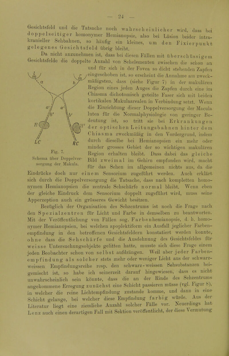 i X i e r p u n k t Gesichtsfeld und die Tatsache noch wahrscheinlicher wird dass bei doppelseitiger homonymer Hemianopsie, also bei Läsion beider intra- kranieller Sehbahnen, so häufig ein kleines, um den Fi gelegenes Gesichtsfeld übrig bleibt. Da nicht anzunehmen ist, dass bei diesen Fällen mit überschüssigem Gesichtsfelde die doppelte Anzahl von Sehelementen zwischen die sclion an und für sich in der Fovea so dicht stehenden Zapfen (eingeschoben ist, so erscheint die Annahme am zweck- mäßigsten, dass (.siehe Figur 7) in der makulären Region eines jeden Auges die Zapfen durch eine im Chiasma dichotomisch geteilte Faser sich mit beiden kortikalen Makulaarealen in Verbindung setzt. Wenn die Einrichtung dieser Doppelversorgung der Macula lutea für die Normalphysiologie von geringer Be- deutung ist, so tritt sie bei Erkrankungen der 0 p ti sc h 6n L ei t u ngsb ah n en h i n t er d e ni Chiasma zweckmäßig in den Vordergrund, indem durch dieselbe bei Hemianopsien ein mehr oder minder grosses Gebiet der so wichtigen malculären Region erhalten bleibt. Dass dabei das gleiche Bild zweimal im Gehirn empfunden wird, macht für das Sehen im allgemeinen nichts aus, da die Fig. 7. Schema über Doppelver- sorgiing der Makula. Eindrücke doch nur einem Sensorium zugeführt werden. Auch erklärt sich durch die Doppelversorgung die Tatsache, dass nach kompletten homo- nymen Hemianop.sien die zentrale Sehschärfe normal bleibt. Wenn eben der gleiche Eindruck dem Sensorium doppelt zugeführt wird, muss seine- Apperzeption auch ein grösseres Gewicht besitzen. Bezüglich der Organisation des Sehzentrums ist noch die Frage nack den Spezialzentren für Licht und Farbe in dem.selben zu beantworten. Mit der Veröffentlichung von Fällen sog. Farbenhemianopsie, d. h. homo- nymer Hemianopsien, bei Avelchen apoplektiform ein Ausfall jeglicher Farben- empfindung in den betroffenen Gesichtsfeldern konstatiert werden konnte^ ohne dass die Sehschärfe und die Ausdehnung des Gesichtsfeldes für weisse Unter.suchungsobjekte gelitten hatte, musste sich diese Frage einem jeden Beobachter schon von selbst aufdrängen. Weil aber jeder Farben- empfindung als solcher stets mehr oder weniger Licht aus der schwarz- weissen Empfindungsreihe resp. den schwarz-w^eissen Sehsubstanzen bei- gemischt ist, so habe ich seinerzeit darauf hingewiesen, dass es nicht unwahrscheinlich sein könnte, dass die an der Rinde des Sehzentrums- o-ekommene Erregung zunächst eine Schicht passieren müsse (vgl. Figur 8), an in welcher die reine Lichtempfindung zustande komme, und dann in eine Schicht gelange, bei welcher diese Empfindung farbig würde. Aus der Literatur liegt eine ziemliche Anzahl solcher Fälle vor. Neuerdings hat Lenz auch einen derartigen Fall mit Sektion veröffentlicht, der diese Vermutung
