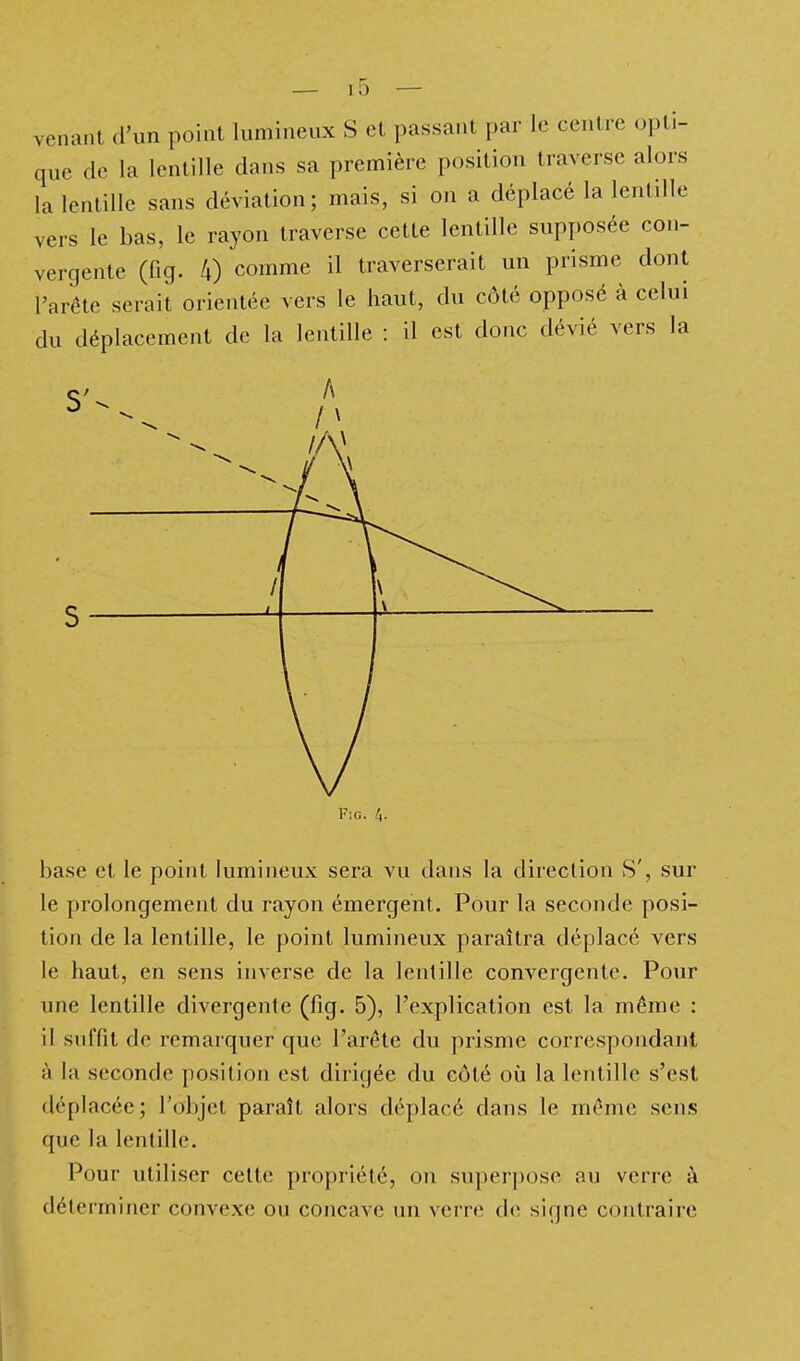 venant d'un point lumineux S et passant par le centre opti- que de la lentille dans sa première position traverse alors la lentille sans déviation; mais, si on a déplacé la lentille vers le bas, le rayon traverse cette lentille supposée con- vergente (fig. 4) comme il traverserait un prisme dont l'arête serait orientée vers le haut, du côté opposé à celui du déplacement de la lentille : il est donc dévié vers la S'- A / Fie. -V base et le point lumineux sera vu dans la direction S', sur le prolongement du rayon émergent. Pour la seconde posi- tion de la lentille, le point lumineux paraîtra déplacé vers le haut, en sens inverse de la lentille convergente. Pour une lentille divergente (fig. 5), l'explication est la même : il suffit de remarquer que l'arête du prisme correspondant à la seconde position est dirigée du côté où la lentille s'est déplacée; l'objet paraît alors déplacé dans le même sens que la lentille. Pour utiliser cette propriété, on superpose au verre à déleiminer convexe ou concave un verre de signe contraire