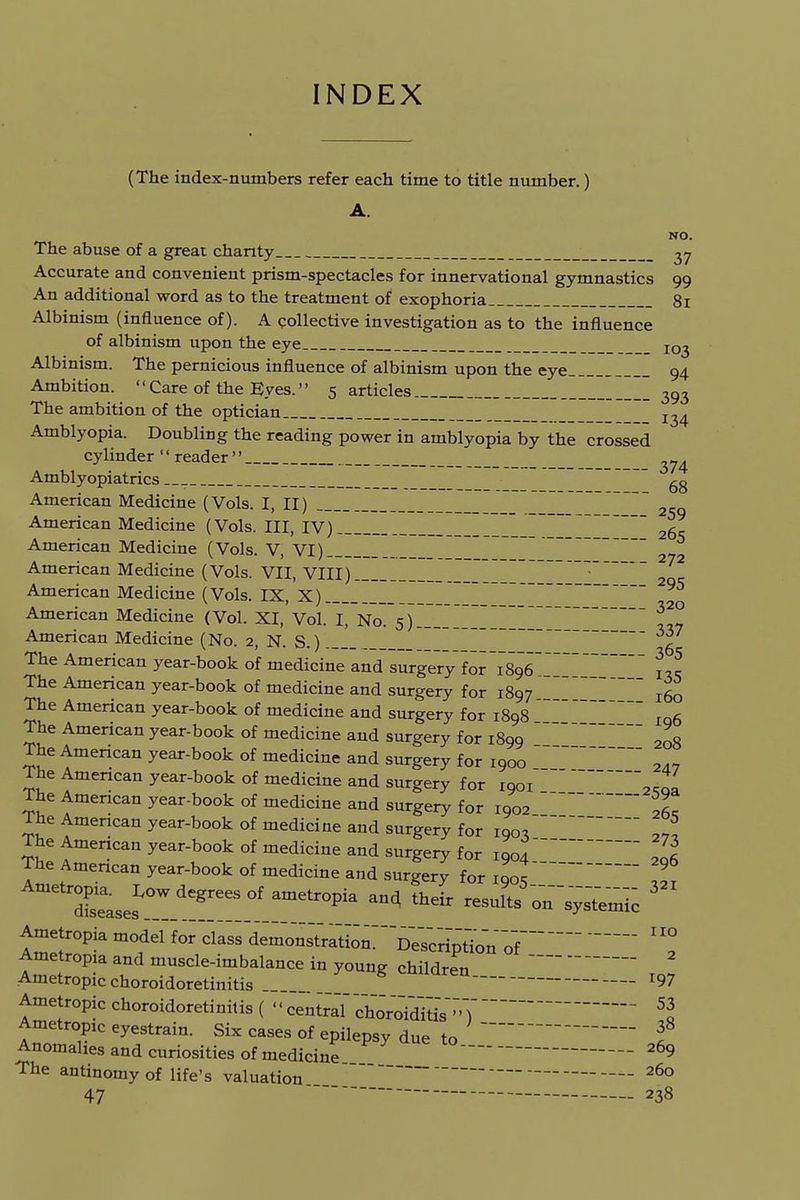 INDEX (The index-numbers refer each time to title number.) A. NO. The abuse of a great chanty 37 Accurate and convenient prism-spectacles for innervational gymnastics 99 An additional word as to the treatment of exophoria 81 Albinism (influence of). A collective investigation as to the influence of albinism upon the eye _ Albinism. The pernicious influence of albinism upon the eye 94 Ambition. Care of the Eyes. 5 articles 393 The ambition of the optician _ Amblyopia. Doubling the reading power in amblyopia by the crossed cylinder reader _ ^74 Amblyopiatrics gg American Medicine (Vols. I, II) 2,-Q American Medicine (Vols. Ill, IV) ~~ 26, American Medicine (Vols. V, VI) ~_ 272 American Medicine (Vols. VII, VIII) American Medicine (Vols. IX, X) 1 I _ 1 295 American Medicine (Vol. XI,'Vol. I, No.~5).__ ~_ ^ American Medicine (No. 2, N. S.) ~ ~ 6 The American year-book of medicine and surgeryfor1896 ~ i« The American year-book of medicine and surgery for 1897 The American year-book of medicine and surgery for 1898 ' Iq6 The American year-book of medicine and surgery for 1899 ' 2og The American year-book of medicine and surgery for : ' The American year-book of medicine and surgery for The Amencan year-book of medicine and surgery for 1900 The American year-book of medicine and surgery for r9oi '2JZ The American year-book of medicine and surgery for 1902 ~~ L The American year-book of medicine and surgery for 1903 27\ The American year-book of medicine and surgery for 1904 ~ 3 The American year-book of medicine and surgery fori.™ Tr ^^!l°f ametr°Pia 3114 thdr 3 Ametropia model te^^d^toti^~£S^^rf XI° Ametropia and muscle-imbalance in young children Ametropic choroidoretinitis ng children Ig7 Ametropic choroidoretinitis ( central choroTd'itis') 5« Ametropic eyestrain. Six cases of epilepsy due to f Anomalies and curiosities of medicine 269 The antinomy of life's valuation 260