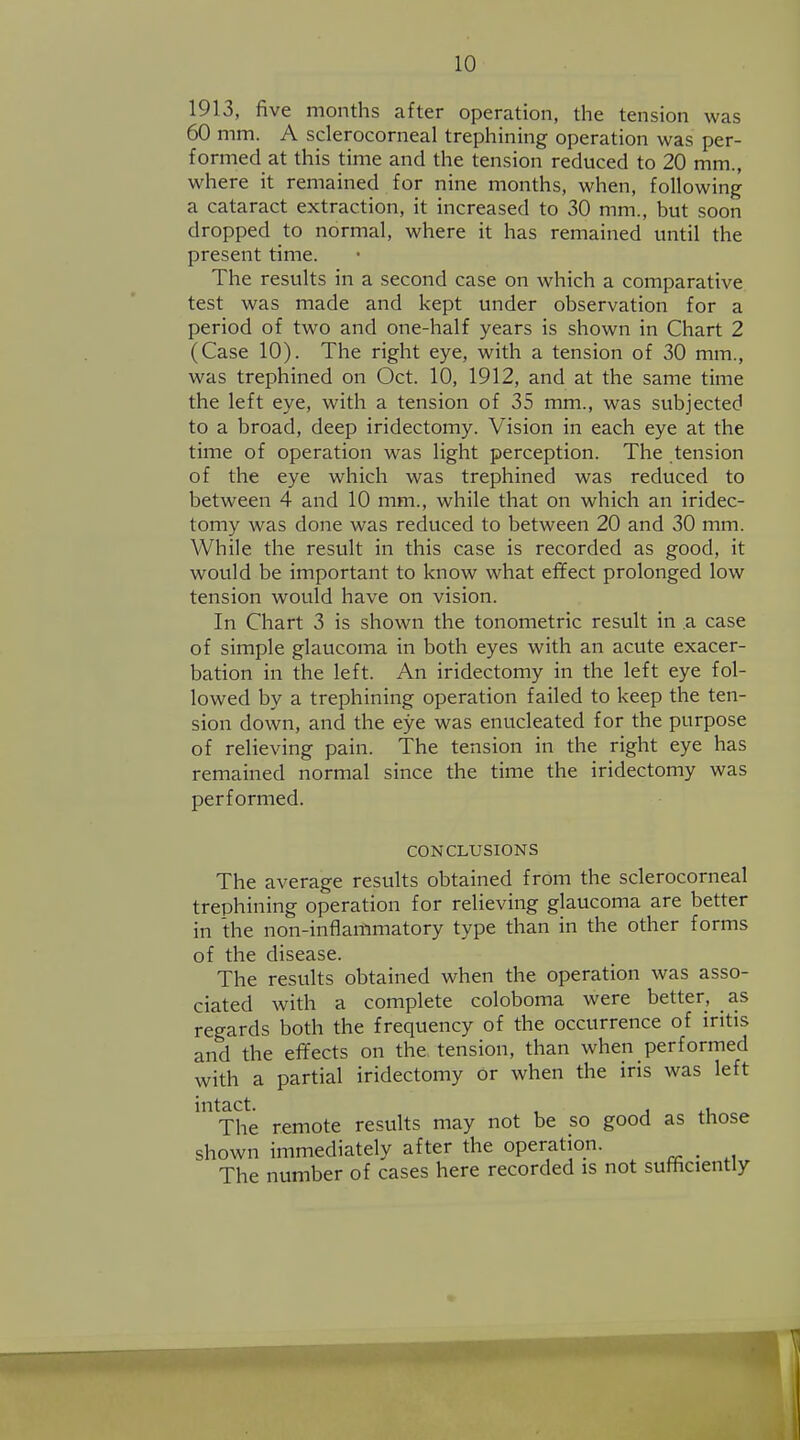 1913, five months after operation, the tension was 60 mm. A sclerocorneal trephining operation was per- formed at this time and the tension reduced to 20 mm., where it remained for nine months, when, following a cataract extraction, it increased to 30 mm., but soon dropped to normal, where it has remained until the present time. The results in a second case on which a comparative test was made and kept under observation for a period of two and one-half years is shown in Chart 2 (Case 10). The right eye, with a tension of 30 mm., was trephined on Oct. 10, 1912, and at the same time the left eye, with a tension of 35 mm., was subjected to a broad, deep iridectomy. Vision in each eye at the time of operation was light perception. The tension of the eye which was trephined was reduced to between 4 and 10 mm., while that on which an iridec- tomy was done was reduced to between 20 and 30 mm. While the result in this case is recorded as good, it would be important to know what effect prolonged low tension would have on vision. In Chart 3 is shown the tonometric result in a case of simple glaucoma in both eyes with an acute exacer- bation in the left. An iridectomy in the left eye fol- lowed by a trephining operation failed to keep the ten- sion down, and the eye was enucleated for the purpose of relieving pain. The tension in the right eye has remained normal since the time the iridectomy was performed. CONCLUSIONS The average results obtained from the sclerocorneal trephining operation for relieving glaucoma are better in the non-inflammatory type than in the other forms of the disease. The results obtained when the operation was asso- ciated with a complete coloboma were better, as regards both the frequency of the occurrence of iritis and the effects on the tension, than when performed with a partial iridectomy or when the iris was left intact. J , The remote results may not be so good as those shown immediately after the operation. _ The number of cases here recorded is not sufficiently