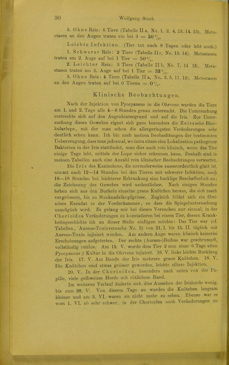 3. Ohn e ßeiz; 6 Tiere (Tabelle IIa, No. 1. 2. 4. 13.. 14. 15). Meta- stasen an den Augen ti-aten ein bei 3 = 50 Leichte Infektion. (Tier tot nach 8 Tagen oder lebt noch.) 1. Schwerer Reiz: 2 Tiere (Tabelle IIc, No. 13. 14). Metastasen traten am 2. Auge auf bei 1 Tier — 50 /o. 2. Leichter Reiz: 3 Tiere (Tabelle IIb, No. 7. 14 15). Meta- stasen traten am 2. Auge auf bei 1 Tier = 33%. 3. Ohne Reiz: 4 Tiere (Tabelle IIa, No. 3. 5. 11. 12). Metastasen an den Augen traten auf bei 0 Tieren = O/^,. Klinische Beobachtungen. Nach der Injektion von Pyocyaneus in die Ohrvene wurden die Tiere am 1. und 2. Tage alle 4—6 Stunden genau untersucht. Die Untersuchung erstreckte sich auf den Augenhintergrund und auf die Iris. Zur Unter- suchung dieses Gewebes eignet sich ganz besonders die Zeisssche JBino- kularlupe, mit der man schon die allergeringsten Veränderungen sehr deutlich sehen kann. Ich bin nach meinen Beobachtungen der bestimmten Ueberzeugiing, dass man jedesmal, wo intra vitam eine Lokalisation pathogeuer Bakterien in der Iris stattfindet, man dies auch rein klinisch, wenn das Tier einige Tage lebt, mittels der Lupe sicher erkennen kann. Deshalb sind in meinen Tabellen auch eine Anzahl rein klinischer Beobachtungen verwertet. Die Iris des Kaninchens, die normalerweise ausserordentlich glatt ist, nimmt nach 12—14 Stunden bei den Tieren mit schwerer Infektion, nach 16—18 Stunden bei leichterer Erkrankung eine bucklige Beschaffenheit an; ■die Zeichnung des Gewebes wird undeutlicher. Nach einigen Stunden heben sich aus den Buckeln einzelne graue Knötchen heraus, die sich rasch vergrössern, bis zu Stecknadelkopfgrösse. Zugleich bildet sich ein fibri- nöses Exsudat in der Vorderkammer, so dass die Spiegeluntersuchung unmöglich wird. Es gelang mir bei diesen Versuchen nur einmal, in der Chorioidea Veränderungen zu konstatieren bei einem Tier, dessen Krank- heitsgeschichte ich an dieser Stelle einfügen möchte: Das Tier war (cf. Tabellen, Aureus-Toxinversuche No. 5) von 21.1. bis 15. II. täglich mit Aureus-Toxin injiziert worden. Am andern Auge waren klinisch keinerlei Erscheinungen aufgetreten. Der rechte (Aureus-)Bulbus war geschrumpft, vollständig reizlos. Am 15. V. wurde dem Tier 2 ccm einer 6 Tage alten Pyocyaneus ß Kultur in die ührvene injiziert. 16. V. links leichte Bucklung <ler Iris. 17. V. Am Rande der Iris mehrere graue Knötchen. 18. V. Die Knötchen sind etwas grösser geworden, leichte ciliare Injektion. 20. V. In der Chorioidea, besonders nach unten voA der Pa- pille, viele gelbweisse Herde mit rötlichem Rand. Im weiteren Verlauf änderte sich dies Aussehen der Irisherde wenig, bis zum 28. V. Von, diesem Tage an wurden die Knötchen langsam kleiner und am 3. VI. waren sie nicht mehr zu sehen. Ebenso war es vom 1. VI. ab sehr schwer, in der Chorioidea noch Veränderungen zu .