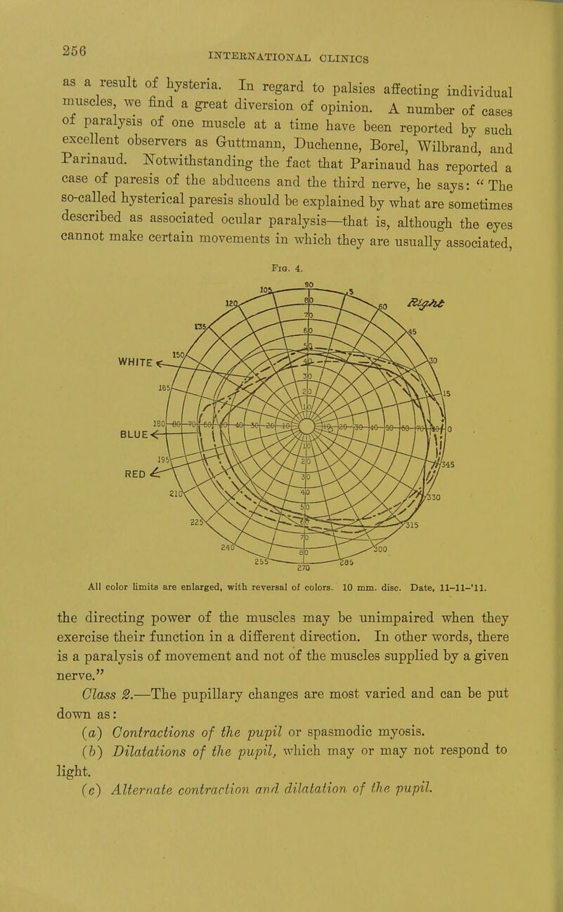 INTERNATIONAL CLINICS as a result of hysteria. In regard to palsies affecting individual muscles, we find a great diversion of opinion. A number of cases of paralysis of one muscle at a time have been reported by such excellent observers as Guttmann, Duchenne, Borel, Wilbrand, and Parinaud. ^Notwithstanding the fact that Parinaud has reported a case of paresis of the abducens and the third nerve, he says:  The so-called hysterical paresis should be explained by what are sometimes described as associated ocular paralysis—that is, although the eyes cannot make certain movements in which they are usually associated, FiQ. 4. WHITE ISO BLUE< RED '345 All color limits are enlarged, with reversal of colors. 10 mm. disc. Date, ll-ll-'ll. the directing power of the muscles may be unimpaired when they exercise their function in a different direction. In other words, there is a paralysis of movement and not of the muscles supplied by a given nerve, >5 Class 2.—The pupillary changes are most varied and can be put down as: (a) Contractions of the pupil or spasmodic myosis. (b) Dilatations of the pupil, which may or may not respond to light. (c) Alternate contraction and dilatation of the pupil. k