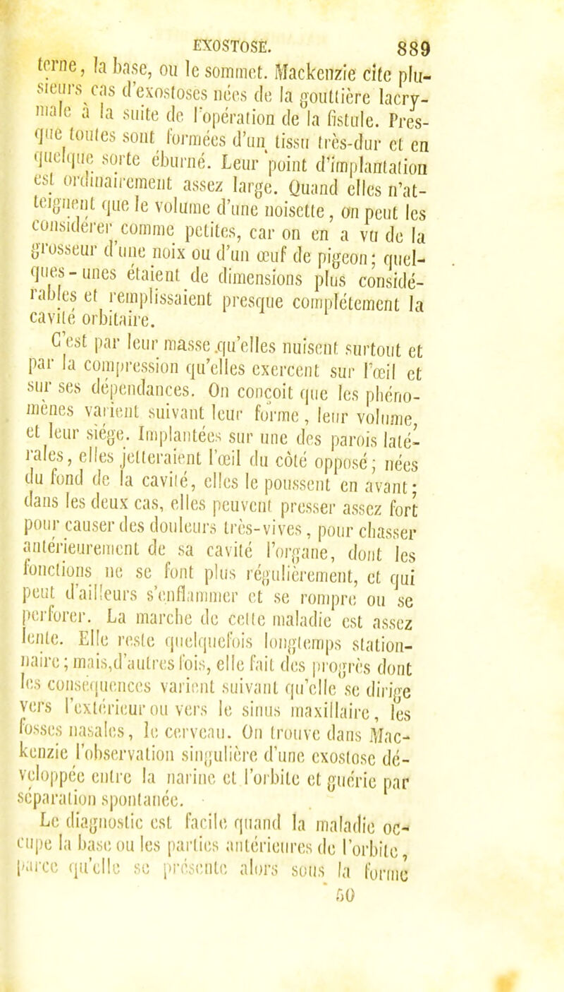 terne, la base, ou le sommet. Mackcnzie cite plu- sieurs cas d'exosloses nées de la goutlière lacry- lale a la suite de Topéraiion de la fistule. Pres- que toutes sout formées d'un tissu (rès-dur et en 'inelquc sorte ébui'ué. Leur 'point d'implantation est orthuaii'emeut assez large. Quand elles n'at- teignent que le voluuic d'une noisette, on peut les eonsidei-er comme petites, car on en a vu de la grosseur d'une noix ou d'un œuf de pigeon; quel- ques-unes étaient de dimensions plus considé- rables et remplissaient presque complètement la cavile orbitaire. C'est par leur masse .qu'elles nuisent surtout et par la compression qu'elles exercent sur l'œil et sur ses dépendances. On conçoit que les phéno- mènes vai ieiit suivant leur forme , leur volume, et leur siège. Implantées sur une des parois laté- rales, elles jetteraient l'œil du côté opposé; nées du fond de la caviié, elles le poussent en avant; dans les deux cas, elles peu veut presser assez fort pour causer des douleurs très-vives, pour chasser antérieurement de sa cavité l'organe, dont les fondions ne se font plus régulièrement, et qui peut d'ailleurs s'enfl.uiimer et se rompre ou se perforer. La marche de celle maladie est assez lente. Elle reste quelquefois longtemps station- naire;mais,d'autres fois, elle fait des pi'ogrès dont les conséquences varient suivant qu'elle se dirige vers l'extérieur ou vers le sinus maxillaire, les fosses nasales, le cervenu. On trouve dans Mac- kenzie l'observation singulière d'une exostose dé- veloppée entre la narine et l'oi bite et guérie par séparation spontanée. Le diagnostic est facile quand la maladie oc- eupe la base ou les parties antérieures de l'orbite parce qu'elle se présente alors sous la forme ■ .00