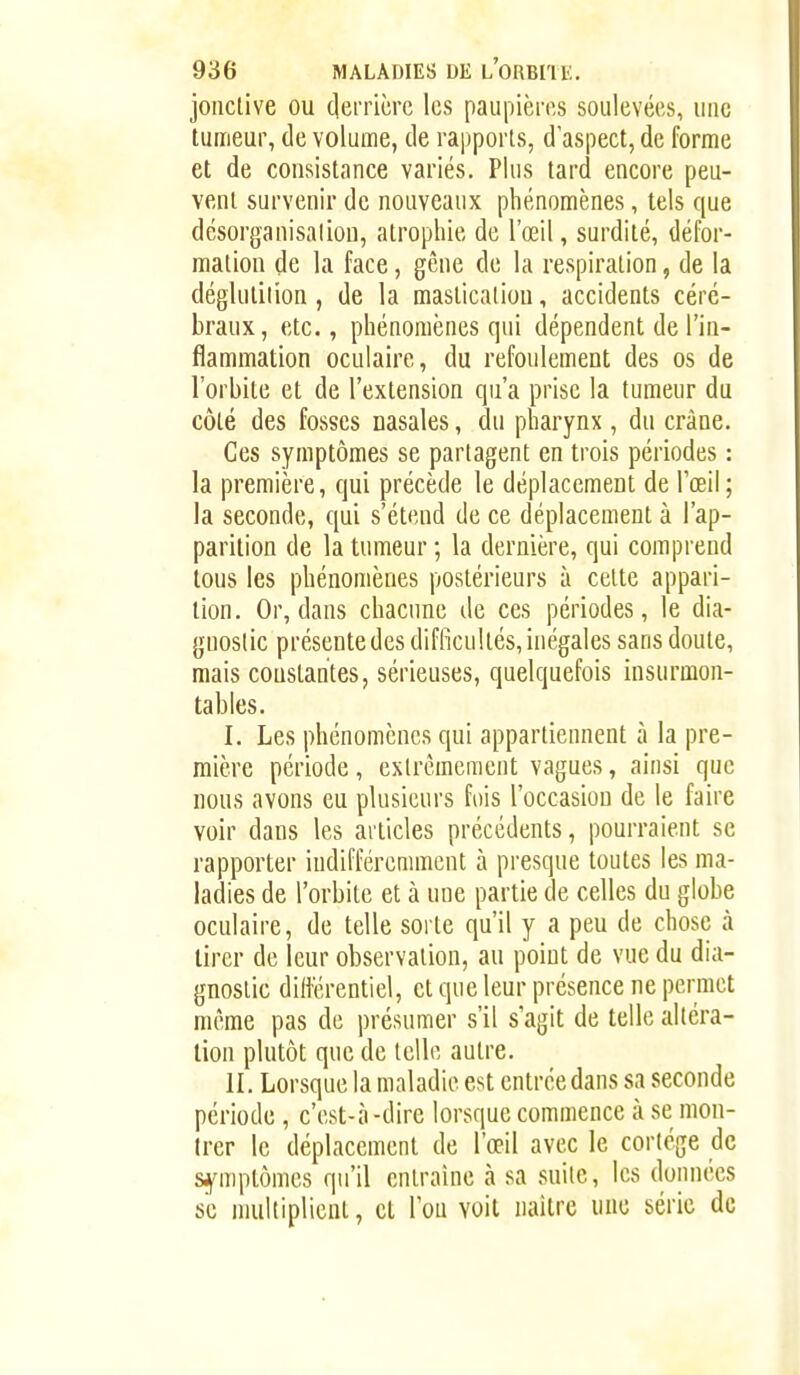 jonctive ou clerricrc les paiipièros soulevées, une tumeur, de volume, de rapports, d aspect, de forme et de consistance variés. Plus tard encore peu- vent survenir de nouveaux phénomènes, tels que désorganisaliou, atrophie de l'œil, surdité, défor- mation de la face, gène de la respiration, de la déglutition, de la mastication, accidents céré- braux, etc., phénomènes qui dépendent de l'in- flammation oculaire, du refoulement des os de l'orbite et de l'extension qu'a prise la tumeur du côté des fosses nasales, du pharynx , du crâne. Ces symptômes se partagent en trois périodes : la première, qui précède le déplacement de l'œil ; la seconde, qui s'étend de ce déplacement à l'ap- parition de la tumeur ; la dernière, qui comprend tous les phénomènes postérieurs à celte appari- tion. Or, dans chacune de ces périodes, le dia- gnostic présente des difficultés, inégales sans doute, mais constantes, sérieuses, quelquefois insurmon- tables. I. Les phénomènes qui appartiennent à la pre- mière période, extrêmement vagues, ainsi que nous avons eu plusieurs fois l'occasion de le faire voir dans les articles précédents, pourraient se rapporter indifféremment à pi-esque toutes les ma- ladies de l'orbite et à une partie de celles du globe oculaire, de telle sorte qu'il y a peu de chose à tirer de leur observation, au point de vue du dia- gnostic différentiel, et que leur présence ne permet même pas de présumer s'il s'agit de telle altéra- lion plutôt que de telle autre. IL Lorsque la maladie est entrée dans sa seconde période, c'est-à-dire lorsque commence à se mon- trer le déplacement de l'œil avec le cortège de sjfmptômes qu'il entraîne à sa suite, les données se multiplient, cl Tou voit naître une série de