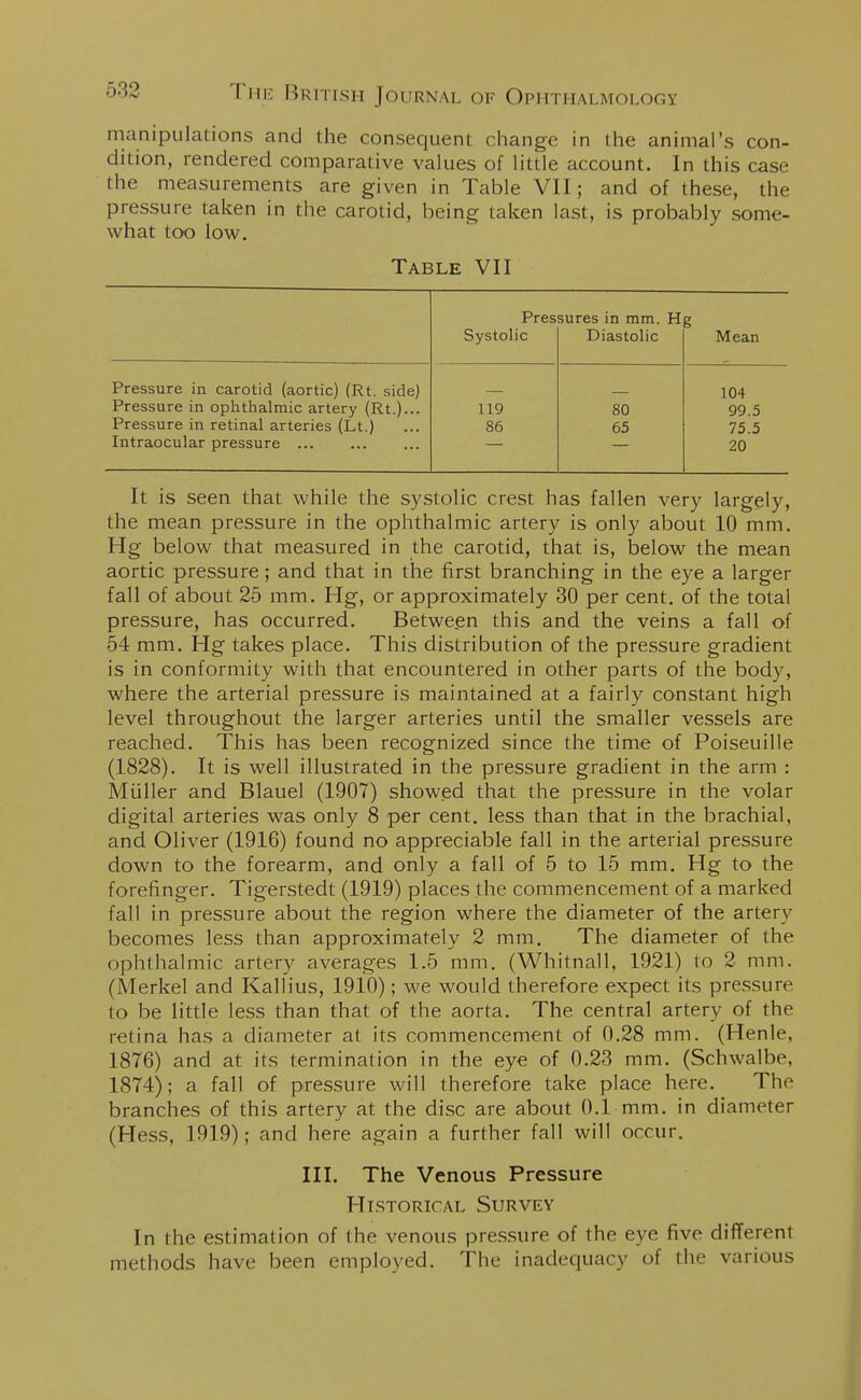 manipulations and the consequent change in the animal's con- dition, rendered comparative values of little account. In this case the measurements are given in Table VII j and of these, the pressure taken in the carotid, being taken last, is probably some- what too low. Table VII Pressures in mm. Hg Pressure in carotid (aortic) (Rt. side) Pressure in ophthalmic artery (Rt.)... Pressure in retinal arteries (Lt.) Intraocular pressure ... Mean 104 99.5 75.5 20 It is seen that while the systolic crest has fallen very largely, the mean pressure in the ophthalmic artery is only about 10 mm. Hg below that measured in the carotid, that is, below the mean aortic pressure; and that in the first branching in the eye a larger fall of about 25 mm. Hg, or approximately 30 per cent, of the total pressure, has occurred. Between this and the veins a fall of 54 mm. Hg takes place. This distribution of the pressure gradient is in conformity with that encountered in other parts of the body, where the arterial pressure is maintained at a fairly constant high level throughout the larger arteries until the smaller vessels are reached. This has been recognized since the time of Poiseuille (1828). It is well illustrated in the pressure gradient in the arm : Miiller and Blauel (1907) showed that the pressure in the volar digital arteries was only 8 per cent, less than that in the brachial, and Oliver (1916) found no appreciable fall in the arterial pressure down to the forearm, and only a fall of 5 to 15 mm. Hg to the forefinger. Tigerstedt (1919) places the commencement of a marked fall in pressure about the region where the diameter of the artery becomes less than approximately 2 mm. The diameter of the ophthalmic artery averages 1.5 mm. (Whitnall, 1921) to 2 mm. (Merkel and Kallius, 1910); we would therefore expect its pressure to be little less than that of the aorta. The central artery of the retina has a diameter at its commencement of 0.28 mm. (Henle, 1876) and at its termination in the eye of 0.23 mm. (Schwalbe, 1874); a fall of pressure will therefore take place here. The branches of this artery at the disc are about 0.1 mm. in diameter (Hess, 1919); and here again a further fall will occur. III. The Venous Pressure Historical Survey In the estimation of the venous pressure of the eye five different methods have been employed. The inadequacy of the various