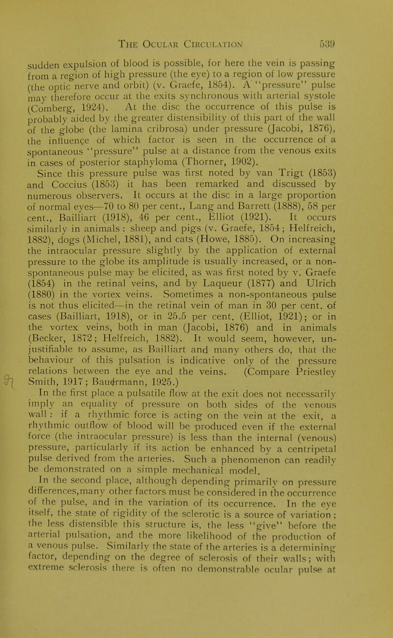 sudden expulsion of blood is possible, for here the vein is passing from a region of high pressure (the eye) to a region of low pressure (the optic nerve and orbit) (v. Graefe, 1854). A pressure pulse may therefore occur at the exits synchronous with arterial systole (Comberg, 1924). At the disc the occurrence of this pulse is probably aided by the greater distensibility of this part of the wall of the globe (the lamina cribrosa) under pressure (Jacobi, 1876), the influence of which factor is seen in the occurrence of a spontaneous pressure pulse at a distance from the venous exits in cases of posterior staphyloma (Thorner, 1902). Since this pressure pulse was first noted by van Trigt (1853) and Coccius (1853) it has been remarked and discussed by numerous observers. It occurs at the disc in a large proportion of normal eyes—70 to 80 per cent., Lang and Barrett (1888), 58 per cent., Bailliart (1918), 46 per cent., Elliot (1921). It occurs similarly in animals : sheep and pigs (v. Graefe, 1854; Helfreich, 1882), dogs (Michel, 1881), and cats (Howe, 1885). On increasing the intraocular pressure slightly by the application of external pressure to the globe its amplitude is usually increased, or a non- spontaneous pulse may be elicited, as was first noted by v. Graefe (1854) in the retinal veins, and by Laqueur (1877) and Ulrich (1880) in the vortex veins. Sometimes a non-spontaneous pulse is not thus elicited—in the retinal vein of man in 30 per cent, of cases (Bailliart, 1918), or in 25.5 per cent. (Elliot, 1921); or in the vortex veins, both in man (Jacobi, 1876) and in animals (Becker, 1872; Helfreich, 1882). It would seem, however, un- justifiable to assume, as Bailliart and many others do, that the behaviour of this pulsation is indicative only of the pressure relations between the eye and the veins. (Compare Priestley Smith, 1917; Bau^rmann, 1925.) In the first place a pulsatile flow at the exit does not necessarily imply an equality of pressure on both sides of the venous wall : if a rhythmic force is acting on the vein at the exit, a rhythmic outflow of blood will be produced even if the external force (the intraocular pressure) is less than the internal (venous) pressure, particularly if its action be enhanced by a centripetal pulse derived from the arteries. Such a phenomenon can readily be demonstrated on a simple mechanical model. In the second place, although depending primarily on pressure differences,many other factors must be considered in the occurrence of the pulse, and in the variation of its occurrence. In the eye itself, the state of rigidity of the sclerotic is a source of variation ; the less distensible this structure is, the less give before the arterial pulsation, and the more likelihood of the production of a venous pulse. Similarly the state of the arteries is a determining factor, depending on the degree of sclerosis of their walls; with extreme sclerosis there is often no demonstrable ocular pulse at