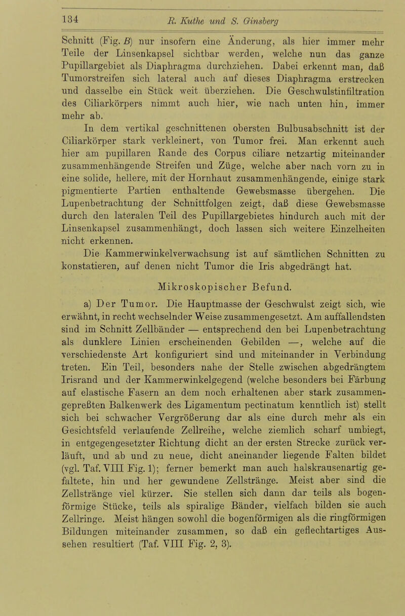 Schnitt (Fig. B) nur insofern eine Änderung, als hier immer mehr Teile der Linsenkapsel sichtbar werden, welche nun das ganze Pupillargebiet als Diaphragma durchziehen. Dabei erkennt man, daß Tumorstreifen sich lateral auch auf dieses Diaphragma erstrecken und dasselbe ein Stück weit überziehen. Die Geschwulstinfiltration des Ciliarkörpers nimmt auch hier, wie nach unten hin, immer mehr ab. In dem vertikal geschnittenen obersten Bulbusabschnitt ist der Ciliarkörper stark verkleinert, von Tumor frei. Man erkennt auch hier am pupillaren Rande des Corpus ciliare netzartig miteinander zusammenhängende Streifen und Züge, welche aber nach vorn zu in eine solide, hellere, mit der Hornhaut zusammenhängende, einige stark pigmentierte Partien enthaltende Gewebsmasse übergehen. Die Lupenbetrachtung der Schnittfolgen zeigt, daß diese Gewebsmasse durch den lateralen Teil des Pupillargebietes hindurch auch mit der Linsenkapsel zusammenhängt, doch lassen sich weitere Einzelheiten nicht erkennen. Die Kammerwinkelverwachsung ist auf sämtlichen Schnitten zu konstatieren, auf denen nicht Tumor die Iris abgedrängt hat. Mikroskopischer Befund. a) Der Tumor. Die Hauptmasse der Geschwulst zeigt sich, wie erwähnt, in recht wechselnder Weise zusammengesetzt. Am auffallendsten sind im Schnitt Zellbänder — entsprechend den bei Lupenbetrachtung als dunklere Linien erscheinenden Gebilden —, welche auf die verschiedenste Art konfiguriert sind und miteinander in Verbindung treten. Ein Teil, besonders nahe der Stelle zwischen abgedrängtem Irisrand und der Kammerwinkelgegend (welche besonders bei Färbung auf elastische Fasern an dem noch erhaltenen aber stark zusammen- gepreßten Balkenwerk des Ligamentum pectinatum kenntlich ist) stellt sich bei schwacher Vergrößerung dar als eine durch mehr als ein Gesichtsfeld verlaufende Zellreihe, welche ziemlich scharf umbiegt, in entgegengesetzter Richtung dicht an der ersten Strecke zurück ver- läuft, und ab und zu neue, dicht aneinander liegende Falten bildet (vgl. Taf. VIII Fig. 1); ferner bemerkt man auch halskrausenartig ge- faltete, hin und her gewundene Zellstränge. Meist aber sind die Zellstränge viel kürzer. Sie stellen sich dann dar teils als bogen- förmige Stücke, teils als spiralige Bänder, vielfach bilden sie auch Zellringe. Meist hängen sowohl die bogenförmigen als die ringförmigen Bildungen miteinander zusammen, so daß ein geflechtartiges Aus- sehen resultiert (Taf. VIII Fig. 2, 3).