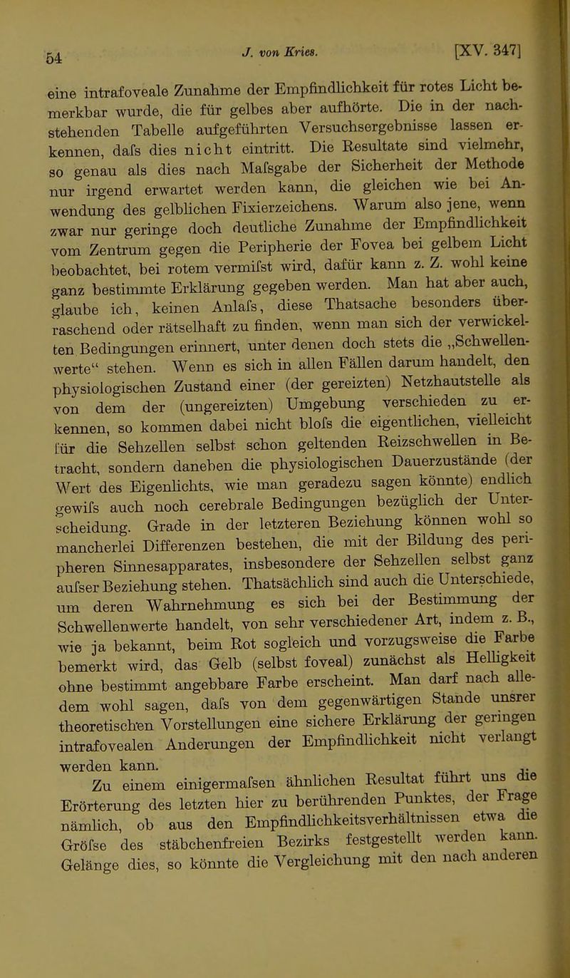 eine intrafoveale Zunahme der Empfindlichkeit für rotes Licht be- merkbar wurde, die für gelbes aber aufhörte. Die in der nach- stehenden Tabelle aufgeführten Versuchsergebnisse lassen er- kennen, dafs dies nicht eintritt. Die Resultate sind vielmehr, so genau als dies nach Mafsgabe der Sicherheit der Methode nur irgend erwartet werden kann, die gleichen wie bei An- wendung des gelblichen Fixierzeichens. Warum also jene, wenn zwar nur geringe doch deutliche Zunahme der Empfindlichkeit vom Zentrum gegen die Peripherie der Fovea bei gelbem Licht beobachtet, bei rotem vermifst wird, dafür kann z. Z. wohl keine ganz bestimmte Erklärung gegeben werden. Man hat aber auch, glaube ich, keinen Anlafs, diese Thatsache besonders über- raschend oder rätselhaft zu finden, wenn man sich der verwickel- ten Bedingungen erinnert, unter denen doch stets die „Schwellen- werte stehen. Wenn es sich in allen Fällen darum handelt, den physiologischen Zustand einer (der gereizten) Netzhautstelle als von dem der (ungereizten) Umgebung verschieden zu er- kennen, so kommen dabei nicht blofs die eigentlichen, vielleicht tür die Sehzellen selbst schon geltenden Reizschwellen in Be- tracht, sondern daneben die physiologischen Dauerzustände (der Wert des Eigenlichts, wie man geradezu sagen könnte) endlich aewifs auch noch cerebrale Bedingungen bezüglich der Unter- scheidung. Grade in der letzteren Beziehung können wohl so mancherlei Differenzen bestehen, die mit der Bildung des peri- pheren Sinnesapparates, insbesondere der Sehzellen selbst ganz aufser Beziehung stehen. Thatsächlich sind auch die Unterschiede, um deren Wahrnehmung es sich bei der Bestimmung der Schwellenwerte handelt, von sehr verschiedener Art, indem z. B., wie ja bekannt, beim Rot sogleich und vorzugsweise die Farbe bemerkt wird, das Gelb (selbst foveal) zunächst als Helligkeit ohne bestimmt angebbare Farbe erscheint. Man darf nach alle- dem wohl sagen, dafs von dem gegenwärtigen Stande unsrer theoretischen Vorstellungen eine sichere Erklärung der geringen intrafovealen Änderungen der Empfindhchkeit nicht verlangt werden kann. Zu einem einigermafsen ähnlichen Resultat führt uns die Erörterung des letzten hier zu berührenden Punktes, der Frage nämlich, ob aus den Empfindlichkeitsverhältnissen etwa die Gröfse des stäbchenfreien Bezirks festgestellt werden kann. Gelänge dies, so könnte die Vergleichung mit den nach anderen