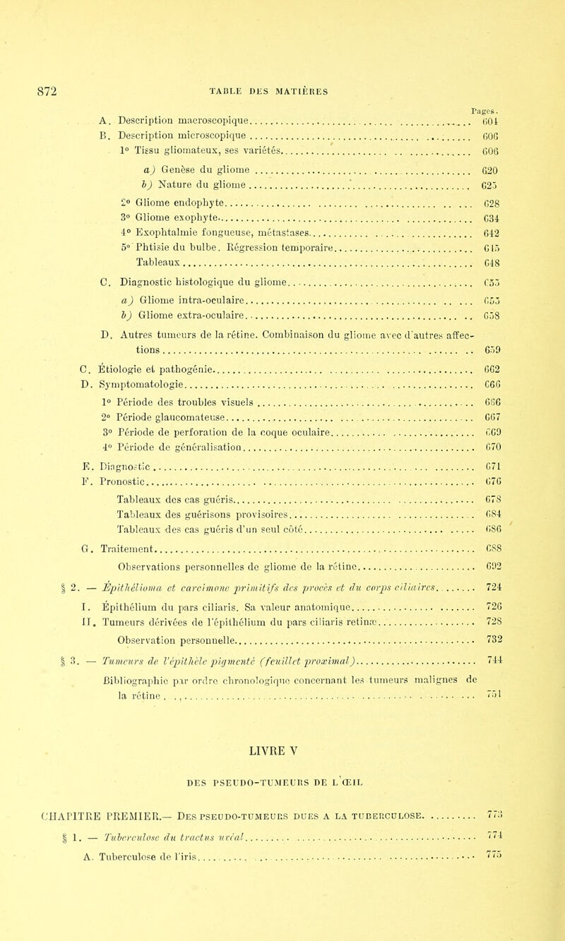 Page6 - A. Description macroscopique 604 B. Description microscopique GOG 1° Tissu gliomateux, ses variétés 606 a) Genèse du gliome 620 l) Nature du gliome .' G23 2° Gliome endopbyte G28 3° Gliome exophyte G34 4° Exophtalmie fongueuse, métastases 642 5° Phtisie du bulbe. Régression temporaire G15 Tableaux Gé8 C. Diagnostic histologique du gliome. C53 a) Gliome intra-oculaire GC5 b) Gliome extra-oculaire. 658 D. Autres tumeurs de la rétine. Combinaison du gliome avec d'autres affec- tions 659 C. Etiologie et patbogénie 6G2 D. Symptoinatologie C6G 1° Période des troubles visuels GRC 2° Période glaucomateuse 667 3° Période de perforation de la coque oculaire (169 4° Période de généralisation G70 E. Diagnostic 071 F. Pronostic G7G Tableaux des cas guéris C7S Tableaux des guérisons provisoires GS4 Tableaux des cas guéris d'un seul côté GSG G. Traitement CS8 Observations personnelles do gliome de la rétine G92 | 2. — Épit hélium a et carcimone primitifs des procès et du corps ciliaires 724 I. Epithélium du pars ciliaris. Sa valeur anatomique 726 II. Tumeurs dérivées de l'épilbélium du pars ciliaris retinœ 728 Observation persouuelle 732 | 3. — Tumeurs de l'épithèle pigmenté (feuillet proximal) 744 Bibliographie par ordre chronologique concernant les tumeurs malignes de la rétine . . 751 LIVRE V DES PSEUDO-TUMEUHS DE L'ŒIL CHAPITRE PREMIER.— Des pseudo-tumeues dues a la tuberculose 77:'. § 1. — Tuberculose du tractus uvéal ^74 A. Tuberculose de l'iris Ia
