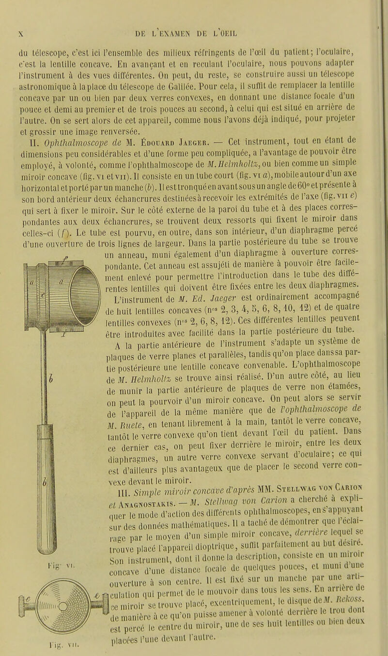 (lu télescope, c'est ici l'ensemble des milieux réfringents de l'œil du patient; l'oculaire, c'est la lentille concave. En avançant et en reculant l'oculaire, nous pouvons adapter l'instrument à des vues différentes. On peut, du reste, se construire aussi un télescope astronomique à la place du télescope de Galilée. Pour cela, il suffît de remplacer la lentille concave par un ou bien par deux verres convexes, en donnant une distance focale d'un pouce et demi au premier et de trois pouces au second, à celui qui est situé en arrière de l'autre. On se sert alors de cet appareil, comme nous l'avons déjà indiqué, pour projeter et grossir une image renversée. II. Ophlhalmoscope de M. Edouard Jaeger. — Cet instrument, tout en étant de dimensions peu considérables et d'une forme peu compliquée, a l'avantage de pouvoir être employé, à volonté, comme l'ophlbalmoscope de M.IIelmhoUz,o\i bien comme un simple miroir concave (fig.vi et vu). Il consiste en un tube court (fig. vi a), mobile autour d'un axe horizon tal et porté par un manche {b).l\ est tronqué en avant sous un angle de 60° et présente à son bord antérieur deux échancrures destinéesù recevoir les extrémités de l'axe (fig.vu e) qui sert à fixer le miroir. Sur le côté externe de la paroi du tube et à des places corres- pondantes aux deux échancrures, se trouvent deux ressorts qui fixent le miroir dans celles-ci {[). Le tube est pourvu, en outre, dans son intérieur, d'un diaphragme perce d'une ouverture de trois lignes de largeur. Dans la partie postérieure du tube se trouve un anneau, muni également d'un diaphragme à ouverture corres- pondante. Cet anneau est assujéti de manière à pouvoir être facile- ment enlevé pour permettre l'introduction dans le tube des diffé- rentes lentilles qui doivent être fixées entre les deux diaphragmes. L'instrument de M. Ed. Jaeger est ordinairement accompagné de huit lentilles concaves (n- 2, 3, 4, 5, 6, 8,10, 12) et de quatre lentilles convexes (n- 2, 6, 8,12). Ces différentes lentilles peuvent être introduites avec facilité dans la partie postérieure du tube. A la partie antérieure de l'instrument s'adapte un système de plaques de verre planes et parallèles, tandis qu'on place danssa par- tie postérieure une lentille concave convenable. L'ophthalmoscope de M Helmholtz se trouve ainsi réalisé. D'un autre côté, au lieu de munir la partie antérieure de plaques de verre non élamées, on peut la pourvoir d'un miroir concave. On peut alors se servir de l'appareil de la même manière que de Pophlhalmoscope de M Buete en tenant librement à la main, tantôt le verre concave, tantôt le verre convexe qu'on tient devant l'œil du patient. Dans ce dernier cas, on peut fixer derrière le miroir, entre les deux diaphragmes, un autre verre convexe servant d'oculaire; ce qui est d'ailleurs plus avantageux que de placer le second verre con- vexe devant le miroir, m Simple miroir concave d'après MM. Stellwag von Carios Anagnostakts. -iW. Steltwag von Carion a cherché a expU- nuer le mode d'action des dilTérenls opbthalmoscopes, en S appuyant sur des données mathématiques. 11 a taché de démontrer que l'eclai- ,,rc par le moyen d'un simple miroir concave, derrière lequel se trouve placé Tappareil dioptrique, suffît parfaitement au but desiré. Son instrument, dont il donne la description, consiste en un niiroir concave d'une distance locale de quelques pouces, et muni dune ouverture à son centre. Il est fixé sur un manche par une arli- ^culation qui permet do le mouvoir dans tous les sens ^n «m ie de ,.e miroir se trouve placé, excenlriquemenl, le disque de3/. Rehoss le . i re ù ce qu'on puisse amener à volonté derrière le trou ont est7eèê le centre du miroir, une de ses huit lentilles ou bien deux placées l'une devant l autre. l'it