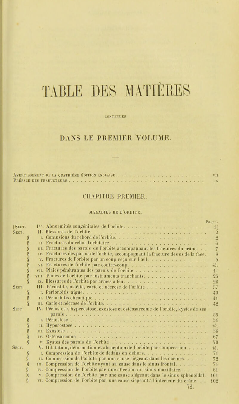 TABLE DES MATIÈRES CONTENUES DANS LE PREMIER VOLUME. AvEnnSSEMEST DE LA QUATRIÈME ÉDITION ANGLAISE VII Préface des traducteurs ix CHAPITRE PREMIER. MALADIES DI3 L'ORBITIî. Pages. [Sect. II'. Abnormitcs consiénilales (le Torbite 1] Sect. II. Blessures de l'orbite 2 § I. Contusions du rebord de rorbite 2 § 11. Fractures du rebord orbilaire (i § III. Fractures des parois de l'orbite accompagnant les fractures du erùne. . . 7 § IV. Fractures des parois del'orbite, accompagnant la fracture des os de la face. 8 § V. Fractures de l'orbite par un coup reçu sur l'œil f> § VI. Fractures de l'orbite par contre-coup ib. § VII. Plaies pénétrantes des parois de l'orbite Il § VIII. Plaies de l'orbite par instruments tranrliants 2.ï § IX. Blessures de l'orbite par armes à feu 2(1 Sect. III. Périoslite, ostéite, carie et nécrose de l'orbite ô7 § I. Périorbitis aiguë 40 § II. Périorbitis chronique i\ § m. Carie et nécrose de l'orbite 42 Sect. IV. Périostose, hyperostose, exoslosc et ostéosarcorae de l'orbite, kystes de ses parois 55 § I. Périostose .^4 § II. Hyperostose ib. % m. Exostose , îiti § IV. Ostéosarcome 67 .§ V. Kystes des parois de l'orbite . ' 70 Sect. V. Dilatation, déformation et absorption de l'orbite par compression ib. % I. Compression de l'orbite de dedans en dehors 71 § M. Compression de l'orbite par une cause siégeant dans les narines 72 § m. Compression de l'orbite ayant sa cause dans le sinus frontal 7 i. § IV. Compression de l'orbite par une allVction du sinus maxillaire 81 § V. Compression del'orbite par une cause siégeant dans le siinis sphénoïdai. UH § VI. Compression (le l orbite par une cause siégeant à riiitérieur du crAne. . . 102 72.