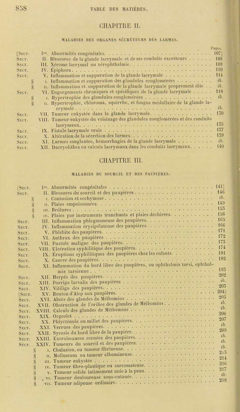 CHAPITRI': 11. MAIiAOIES DUS OKUANES SlîCKKTIilJRS DUS JiAUMIJS. l'agcs. [Sect. l'. Abuoi'inilds congénilale.s 107] SiscT. II. Blessiiro.s de la glande lacrymale el de ses condulls excrélcurs lOH Sect. III. Xérome lacrymal ou xcroplilhalinie 109 Sect. IV. Ëpiphora 110 Sect. V. Inllaniraalion et suppuration de la glande lacrymale 114 § I. Inflaramalion et suppuration des glundulcs conglomcirée.s ib. § 11. Innammalion et suppuration de la glande lacrymale proprement dilc . . ib. Sect. VI. Engorgements chroniques el spécifiques de la glande lacrymale 118 § 1. Hypertrophie des glandules conglomérées ib. § 11. Ilypcrlropliie, chloroma, squirrhe, et fongus médullaire de la glande la- crymale ib. Sect. VII. Tumeur enkystée dans la glande lacrymale 130 Sect. VIII. Tumeur enkystée du voisinage des glandules conglomérées et des conduits lacrymaux 133 Sect. IX. Fistule lacrymale vraie 137 Sect. X. Altération de la sécrétion des larmes 139 Sect. XI. Larmes sanglantes, hémorrhagies de la glande lacrymale ■ ib. Sect. XII. Dacryolilhes ou calculs lacrymaux dans les conduits lacrymaux 140 CHAPITRE III. MALADIES DU SOURCIL ET DES PAUPlliKES. [Sect. l''. Abnormités congénitales 141] Sect. II. Blessures du sourcil el des paupières 146 § 1. Contusion el ecchymose ib. § 11. Plaies empoisonnées. . 1^9 § 111. Brûlures § IV. Plaies par instruments tranchants et plaies déchirées 156 Sect. III. Innammalion phlegraoneuse des paupières 163 Sect. IV. Inflammation érysipélateuse des paupières 166 Sect. V. Phlébite des paupières ^71 Sect. VI. Anthrax des paupières 172 Sect. VII. Pustule maligne des paupières 175 Sect. VIII. Ulcération syphilitique des paupières I4 Sect. IX. Éruptions syphilitiques des paupières chez les enfants 181 Sect. X. Cancer des paupières 182 Sect. XI. Inflammation du bord libre des paupières, ou ophlhalmia larsi, ophlhal- mie tarsienne . . • Sect. XII. Herpès des paupières 202 Sect. XIII. Porrigo larvalis des paupières 'j Sect. XIV. Vitiligo des paupières J-' [Sect. XV. Bouton d'Alep aux paupières ^04J Sect. XVI. Abcès des glandes de Méïbomius -0» Sect. XVII. Obstruction de l'orifice des glandes de Méïbomius \b. Sect. XVIII. Calculs des glandes de Méïbomius Sect. XIX. Orgeolel f^' Sect. XX. Phlyclônule ou millet des paupières Sect, XXI. Verrues des paupières ' ^ Sect. XXII. Sycosis du bord libre de la paupière Sect. XXIII. Excroissances cornées des paupières [y Sect. XXIV. Tumeurs du sourcil et des paupières § 1. Chalazion, ou tumeur fibrineuse § II. MoUuscura ou tumeur albumineuse § in. Tumeur enkystée -ip § IV. Tumeur fibro-plaslique ou sarcomateuse ^  § V. Tumeur solide intimement unie à la peau § . VI. Tumeur douloureuse sous-cutanée • ^ § vil. Tumeur adipeuse ordinaire