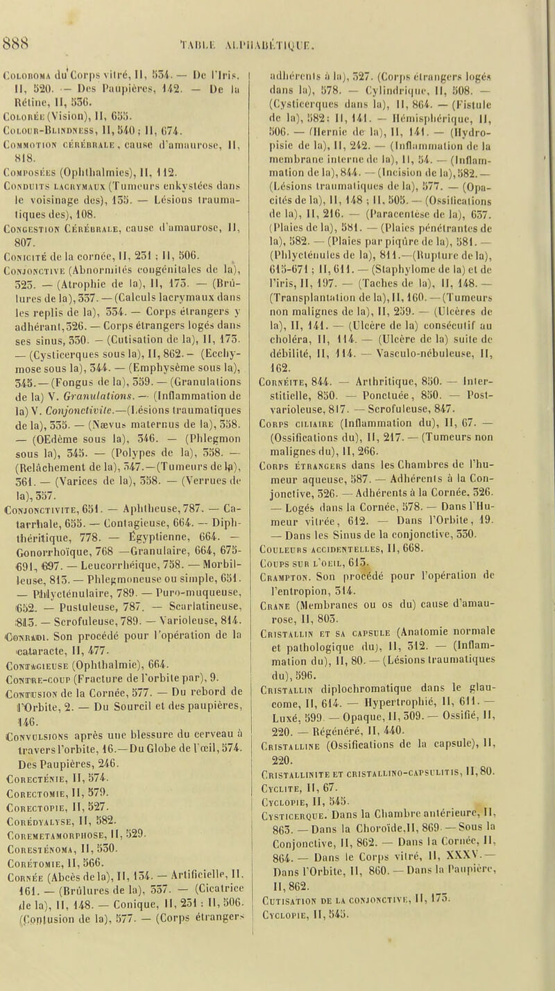 ÏADI.i: Al.l'llMd'.TKHF. CoLonoMA (lu Corps vilré, II, liM- — De l'Iris. Il, 520. - l)i!s l'aupiércs, 1-52. — De lu lUHiiic, II, 53G. CoLoniii; (Vision), II, 65S. CoLOun-BtifiDNESs, ll,SIO; II, Commotion cÉniînnAi.i:, cause (runinurosc. II, HI8. Composées (Oplillialmies), II, 112. Conduits i.aciivmaux (Tumeurs enkystées dans le voisinage des), 153. — Lésions Iraunia- liques des), 108. CoNCi;sTiON CÉnÉURAi.E, cause ifamaurosc, II, 807. CoNiciTÉ de la cornée, II, 251 ; II, b06. Conjonctive (Abnorniités congcnilales de la), 323. — (Atrophie de la), II, 175. — (Brù- Uircs de la), 357. — (Calculs lacrymaux dans les replis de la), 554. — Corps étrangers y adhéranl,526. — Corps étrangers logés dans ses sinus, 330. - (Cutisation de la). II, 175. — (Cyslicerques sous la). II, 862. - (Ecchy- mose sous la), 344. — (Emphysème sous la), 34.5. — (Fongus de la), 559. — (Granulations de la) V. Granulations.— (Inflammation de la) V. ConjoiicHvile.—(Lésions traumatiques de la), 355. — (Nœvus maternus de la), 338. — (OEdème sous la), 346. — (Phlegmon sous la), 345. — (Polypes de la), 538. — (Relâchement delà), 547. —(Tumeursdel^i), 561. — (Varices de la), 558. — (Verrues de la), 357. Conjonctivite, 651. — Aphlheuse, 787. — Ca- tarrliale, 653. — Contagieuse, 664. — Diph- théritique, 778. — Égyptienne, 664. — Gonorrhoïque, 768 —Granulaire, 664, 675- €91, €97. — Leucorrhéiquc, 738. — Morbil- leuse, 813. — Phlcgmoneuse ou simple, 651. — Plilycténulaire, 789. — Puro-muqueuse, '652. — Pustuleuse, 787. — Scarlatineuse, Sil3. — Scrofuleuse,789. — Varioleuse, 814. €oNRAiOi. Son procédé pour l'opération de la «ataracte, II, 477. CoKiTAGiEusE (Ophlbalmic), 664. CoNT«E-coHP (Fracture de l'orbite par), 9. CoTiTiusioN de la Cornée, 577. — Du rebord de l'Orbite, 2. — Du Sourcil et des paupières, 146. Convulsions après une blessure du cerveau à travers l'orbite, 16.—Du Globe de l'œil, 574. Des Paupières, 246. Cohecténie, II, 574. CORECTOMIE, H, 379. Corectopie, II, 327. CORÉDYALYSE, II, 582. ConEMETAMonpHOSE, II, 529. CORESTÉNOMA, II, 530. CORÉTOMIE, II, 566. Cornée (Abcès de la). II, 134. - Artificielle, II. 161. — (Brûlures de la), 357. — (Cicatrice de la), II, 148. — Conique, II, 251 : 11, 506. (.Cpnlusion de la), 377. — (Corps étrangers udliérenis à la), 527. (Corfis élningers logé.< dans la), 378. — Cylindrique. Il, 508. - (Cysticerques dans lu), 11,864. — (Fistule de la), 582: II, 141. - Hémisphérique, II, 506. — rilernic de la). II, 141. — (llydro- pisie de la), II, 2i2. — (Inflammation de la membrane inleniede lu), II, 34. — (Inflam- mation de la), 844. — (Incision de la),582.— (Lésions Iruiinialiques de la), 577. — (Opa- cités de la), II, 148 ; II, 505. — (O.'isilicaiions de la), II, 216. — (Paracentèse de la), 657. (Plaies de la), 581. — (Plaies pénétrantes de la), 582. — (Plaies par piqûre de la), 581. — (Phlyclénulcs de la), 811.-(Buplurc de la), 615-671 ; II, 611. — (Staphylomc de la) et de l'iris, II, 197. — (Taches de la), 11, 148. — (Transplanlalion de la), II, 160. — (Tumeurs non malignes de la), II, 239. — (Ulcères de la), II, 141. — (Ulcère de la) consécutif au choléra, II, 114. — (Ulcère de la) suite de débilité, II, 114. — Vasculo-nébuleu.«e, II, 162. CoRNÉiTE, 844. — Arthritique, 830. — Inter- stitielle, 850. — Ponctuée, 830. — Post- varioleuse, 817. — Scrofuleuse, 847. Corps ciliaire (Inflammation du). II, 67. — (Ossifications du). II, 217. — (Tumeurs non malignes du), II, 266. Corps étrangers dans les Chambres de l'hu- meur aqueuse, 587. — Adhérents à la Con- jonctive, 526. — Adhérents à la Cornée. 526. — Logés dans la Cornée, 378. — Dans l llu- meur vitrée, 612. — Dans l'Orbite, 19. — Dans les Sinus de la conjonctive, 530. Couleurs accidentelles, 11,668. Coups sur l'oeil, 613. Crampton. Son procédé pour l'opération de l'enlropion, 314. Crâne (Membranes ou os du) cause d'amau- rose, II, 803. Cristallin et sa capsule (Anatomie normale et pathologique du). II, 512. — (Inflam- mation du), 11,80.— (Lésions traumatiques du), 396. Cristallin diplochromatique dans le glau- come, II, 614. — Hypertrophié, II, 611. — Luxé, 599. — Opaque, II, 509. — Ossifié, II, 220. — Régénéré, II, 440. Cristalline (Ossifications de la capsule). II, 220. Cristallinite et cristalliko-capsulitis, 11,80. Cyclite, II, 67. Cyclopie, II, 345. Cysticerque. Dans la Chambre antérieure, II, 865. — Dans la Choroïde.ll, 869 —Sous la Conjonctive, II, 862. — Dans la Cornée, II, 864. — Dans le Corps vitré. II, X.\.XV.— Dans l'Orbite, II, 860. - Dans la Paupière, 11,862. Cutisation de la conjonctive. II, 175. Cyclopie, II, 545.