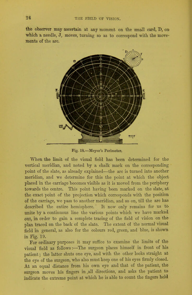 the obserrer may ascertain at any moment on the small card, D, on which a needle, J, moves, turning so as to correspond with the move- ments of the arc. Fig, 18.—Meyer's Perimeter. When the limit of the visual field has been determined for the vertical meridian, and noted by a chalk mark on the corresponding point of the slate, as already explained—the arc is turned into another meridian, and we determine for this the point at which the object placed in the carriage becomes visible as it is moved from the periphery towards the centre. This point having been marked on the slate, at the exact point of the projection which corresponds with the position of the carriage, we pass to another meridian, and so on, till the arc has described the entire hemisphere.' It now only remains for us to unite by a continuous line the various points which we have marked out, in order to gain a complete tracing of the field of vision on the plan traced on the back of the slate. The extent of the normal visual field in general, as also for the colours red, green, and blue, is sho^^^l in Fig. 19. For ordinary purposes it may sufiice to examine the limits of the visual field as follows:—The surgeon places himself in front of his patient; the latter shuts one eye, and with the other looks straight at the eye of the surgeon, who also must keep one of his eyes firmly closed. At an equal distance from his own eye and that of the patient, the surgeon moves liis fingers in .all directions, and asks the patient to indicate the extreme point at which he is able to count the fingers held