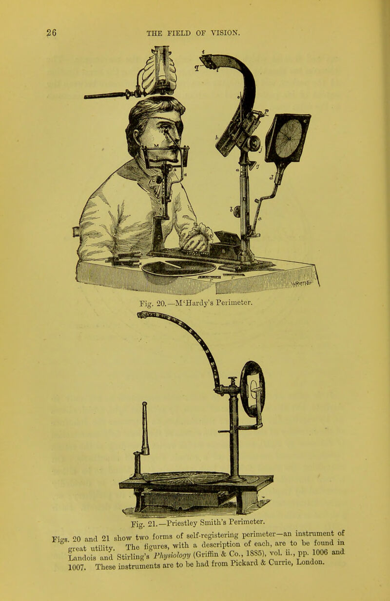 „ Fiff. 20.—M'Hardy's Perimeter. Fig. 21.—Priestley Smith's Perimeter. Figs 20 and 21 show two forms of self-rcgistermg perimeter-an instrument of trreat utility The figures, with a description of each, are to be found in iandoJf and Stirling's>%«Wo,. (Griffin & Co. 1SS5) vol. ii., pp. 1006 and 1007. These instruments are to be had from Pickard & Curne, London.