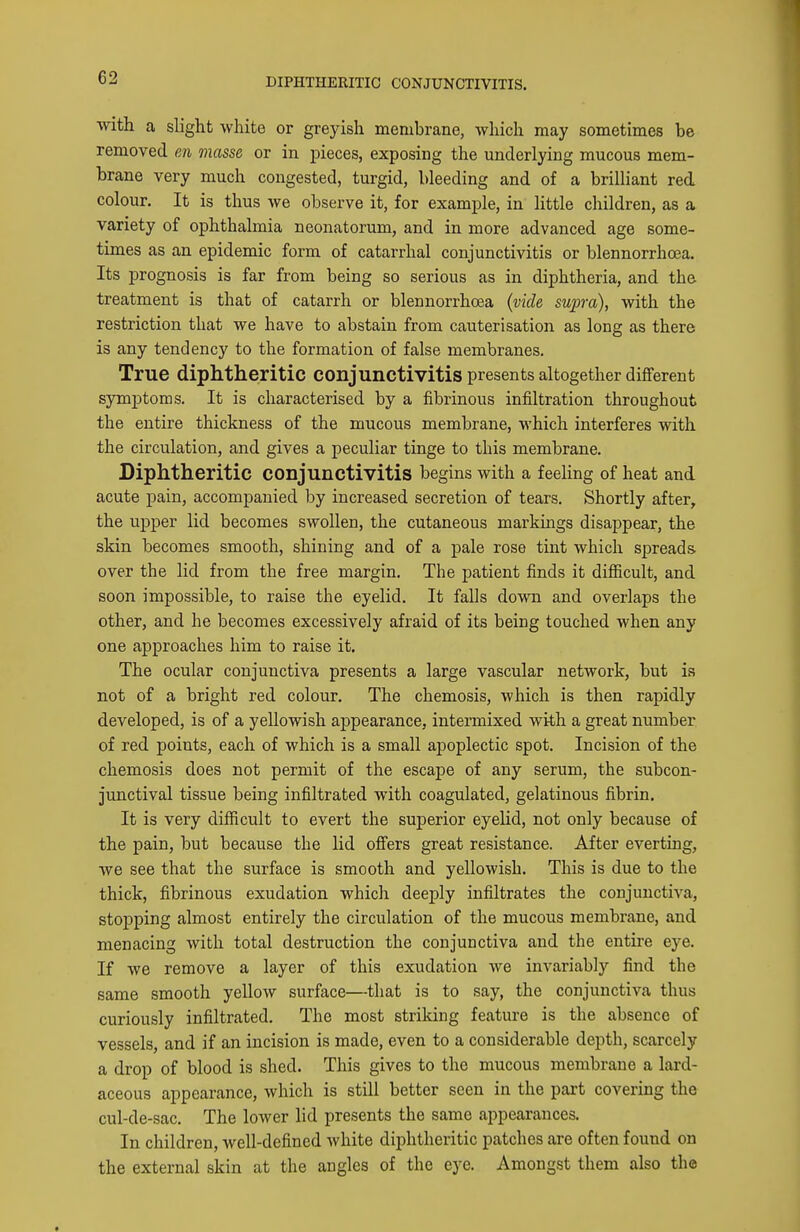 with a slight white or greyish membrane, which may sometimes be removed en masse or in pieces, exposing the underlying mucous mem- brane very much congested, turgid, bleeding and of a brilliant red colour. It is thus we observe it, for example, in little children, as a variety of ophthalmia neonatorum, and in more advanced age some- times as an epidemic form of catarrhal conjunctivitis or blennorrhcea. Its prognosis is far from being so serious as in diphtheria, and the treatment is that of catarrh or blennorrhcea (vide snpra), with the restriction that we have to abstain from cauterisation as long as there is any tendency to the formation of false membranes. True diphtheritic conjunctivitis presents altogether different symptoms. It is characterised by a fibrinous infiltration throughout the entire thickness of the mucous membrane, which interferes with the circulation, and gives a peculiar tinge to this membrane. Diphtheritic conjunctivitis begins with a feeling of heat and acute pain, accompanied by increased secretion of tears. Shortly after, the upper lid becomes swollen, the cutaneous markuigs disappear, the skin becomes smooth, shining and of a pale rose tint which spreads over the lid from the free margin. The patient finds it difficult, and soon impossible, to raise the eyelid. It falls dovra and overlaps the other, and he becomes excessively afraid of its being touched when any one approaches him to raise it. The ocular conjunctiva presents a large vascular network, but is not of a bright red colour. The chemosis, which is then rapidly developed, is of a yellowish appearance, intermixed with a great number of red points, each of which is a small apoplectic spot. Incision of the chemosis does not permit of the escape of any serum, the subcon- junctival tissue being infiltrated with coagulated, gelatinous fibrin. It is very difficult to evert the superior eyelid, not only because of the pain, but because the lid ofi'ers great resistance. After everting, we see that the surface is smooth and yellowish. This is due to the thick, fibrinous exudation which deeply infiltrates the conjunctiva, stopping almost entirely the circulation of the mucoi:s membrane, and menacing with total destruction the conjunctiva and the entire eye. If we remove a layer of this exudation we invariably find the same smooth yellow surface—that is to say, the conjunctiva thus curiously infiltrated. The most striking feature is the absence of vessels, and if an incision is made, even to a considerable depth, scarcely a drop of blood is shed. This gives to the mucous membrane a lard- aceous appearance, which is still better seen in the part covering the cul-de-sac. The lower lid presents the same appearances. In children, well-defined white diphtheritic patches are often found on the external skin at the angles of the eye. Amongst them also the