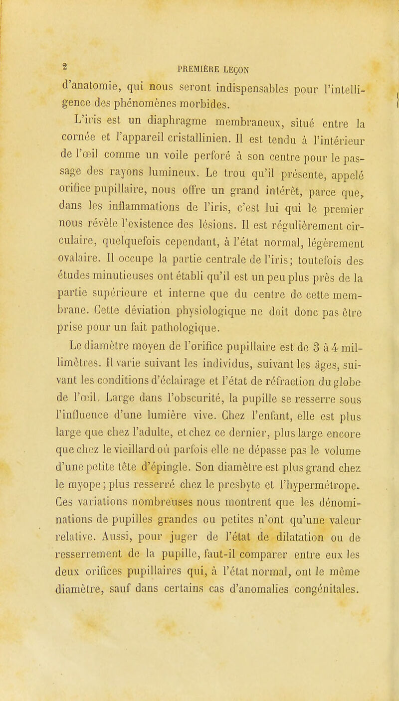 d'anatomie, qui nous seront indispensables pour l'intelli- gence des phénomènes morbides. L'iris est un diaphragme membraneux, situé entre la cornée et l'appareil cristallinien. Il est tendu à l'intérieur de l'œil comme un voile perforé à son centre pour le pas- sage des rayons lumineux. Le trou qu'il présente, appelé orifice pupillaire, nous offre un grand intérêt, parce que, dans les inflammations de l'iris, c'est lui qui le premier nous révèle l'existence des lésions. Il est régulièrement cir- culaire, quelquefois cependant, à l'état normal, légèrement ovalaire. Il occupe la partie centrale de l'iris; toutefois des études minutieuses ont établi qu'il est un peu plus près de la partie supérieure et interne que du centre de cette mem- brane. Cette déviation physiologique ne doit donc pas être prise pour un fait pathologique. Le diamètre moyen de l'orifice pupillaire est de 3 à 4 mil- limètres. Il varie suivant les individus, suivant les âges, sui- vant les conditions d'éclairage et l'état de réfraction du globe de l'œil. Large dans l'obscurité, la pupille se resserre sous l'influence d'une lumière vive. Chez l'enfant, elle est plus large que chez l'adulte, et chez ce dernier, plus large encore que chez le vieillard où parfois elle ne dépasse pas le volume d'une petite tête d'épingle. Son diamètre est plus grand chez, le myope;plus resserré chez le presbyte et l'hypermétrope. Ces variations nombreuses nous montrent que les dénomi- nations de pupilles grandes ou petites n'ont qu'une valeur relative. Aussi, pour juger de l'état de dilatation ou de resserrement de la pupille, faut-il comparer entre eux les deux orifices pupillaires qui, à l'état normal, ont le même diamètre, sauf dans certains cas d'anomalies congénitales.