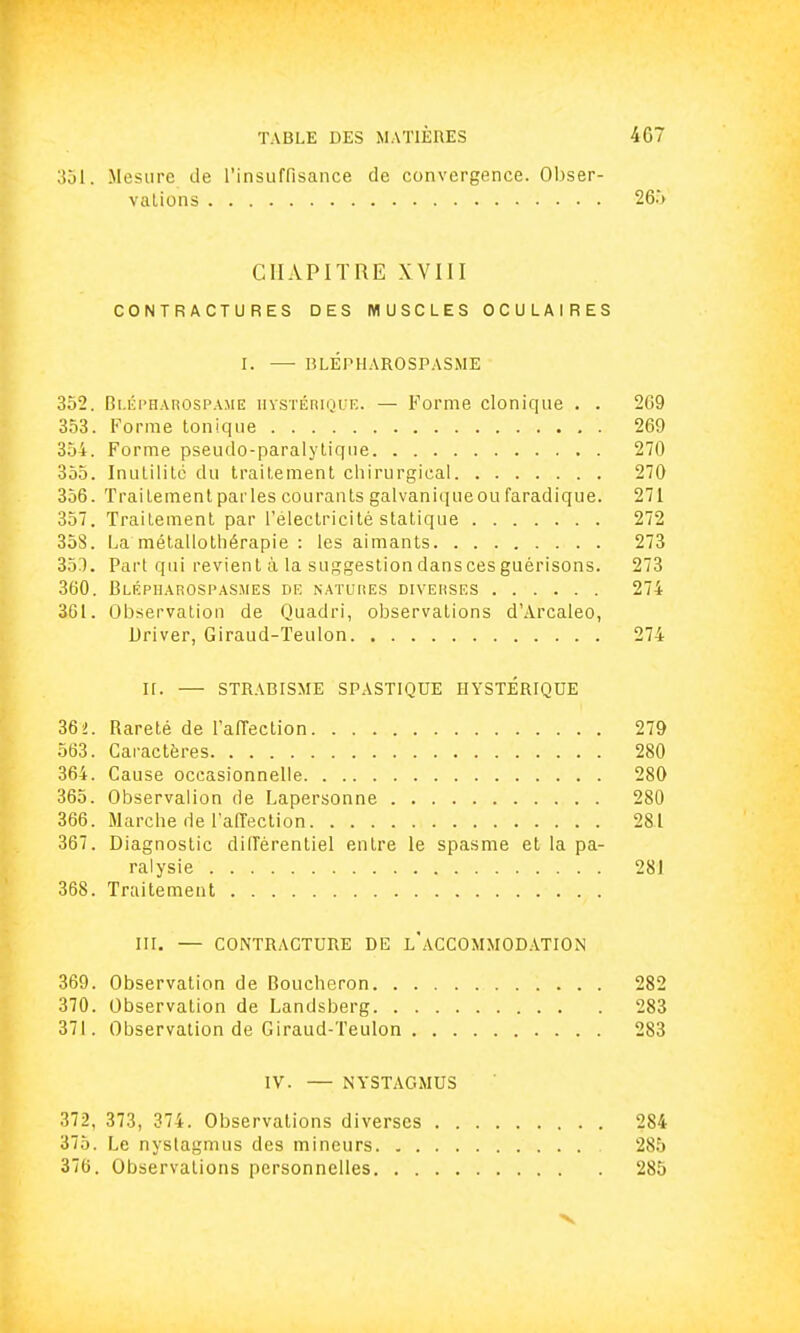 351. Mesure de l'insuffisance de convergence. Obser- vations 265 CHAPITRE XVIII CONTRACTURES DES MUSCLES OCULAIRES I. — IÎLEPHAROSPASME 352. Di.épharospame HYSTÉRIQUE. — Forme clonique . . 209 353. Forme tonique 269 354. Forme pseudo-paralytique 270 355. Inutilité du traitement chirurgical 270 356. Traitement parles courants galvaniqueoufaradique. 271 357. Traitement par l'électricité statique 272 358. La métallothérapie : les aimants 273 353. Part qui revient à la suggestion dans ces guérisons. 273 360. Blépharospasmes de natures diverses 274 3C1. Observation de Quadri, observations d'Arcaleo, Driver, Giraud-Teulon 274 ir. — strabisme spastique hystérique 36 2. Rareté de l'affection 279 563. Caractères 280 364. Cause occasionnelle 280 365. Observalion de Lapersonne 280 366. Marche de l'alTection 281 367. Diagnostic différentiel entre le spasme et la pa- ralysie 281 368. Traitement III. — CONTRACTURE DE L'ACCOMMODATION 369. Observation de Boucheron 282 370. Observation de Landsberg 283 371. Observation de Giraud-Teulon 283 IV. — NYSTAGMUS 372. 373, 374. Observations diverses 284 375. Le nyslagmus des mineurs 285 376. Observations personnelles 285