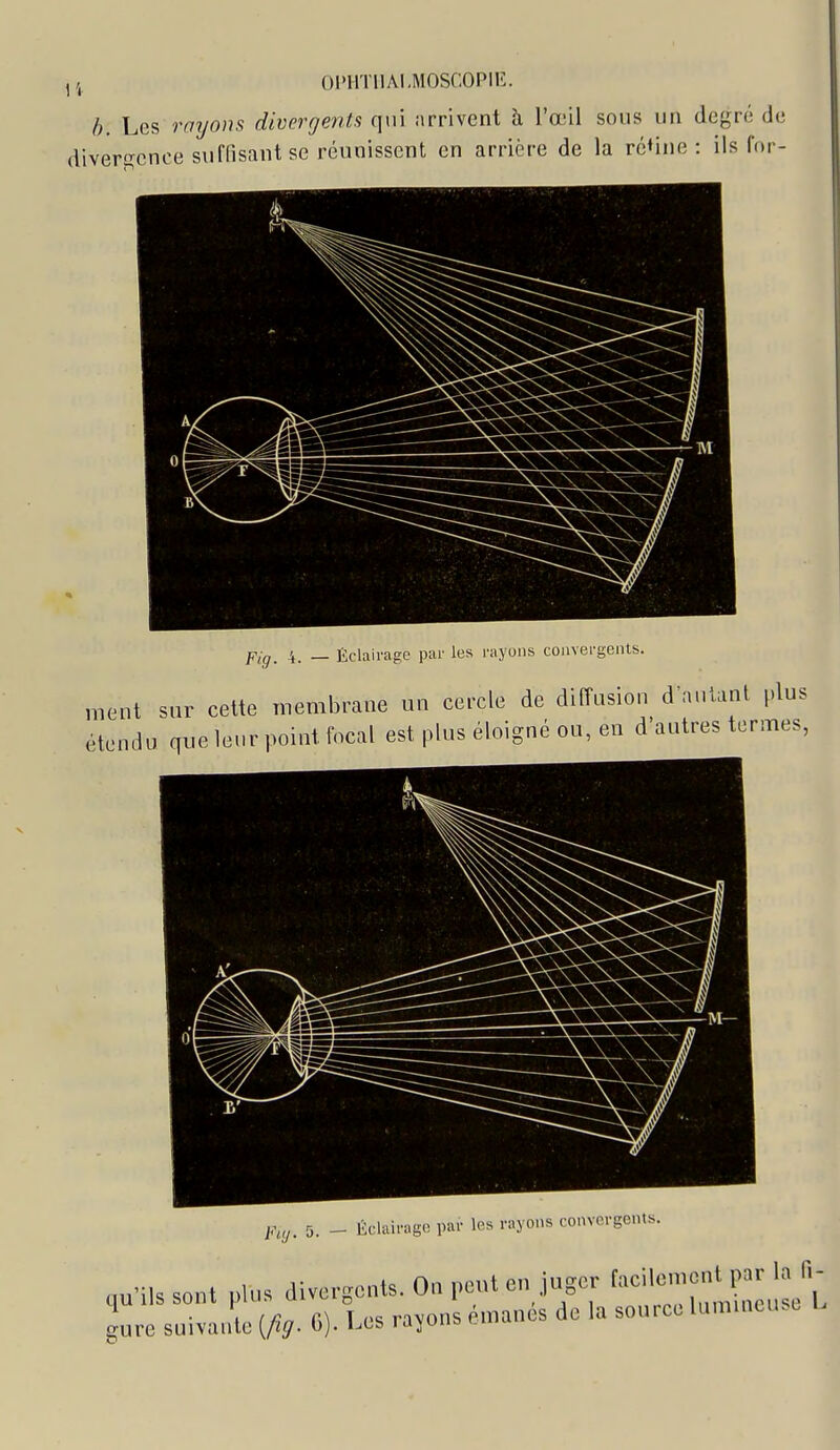 OPHTllAI.MOSCOPIl!;. b. Les rayons divergents qui arrivent à l'œil sous un degré de ver'^cnce suffisant se réunissent en arrière de la ré<ine : ils for-