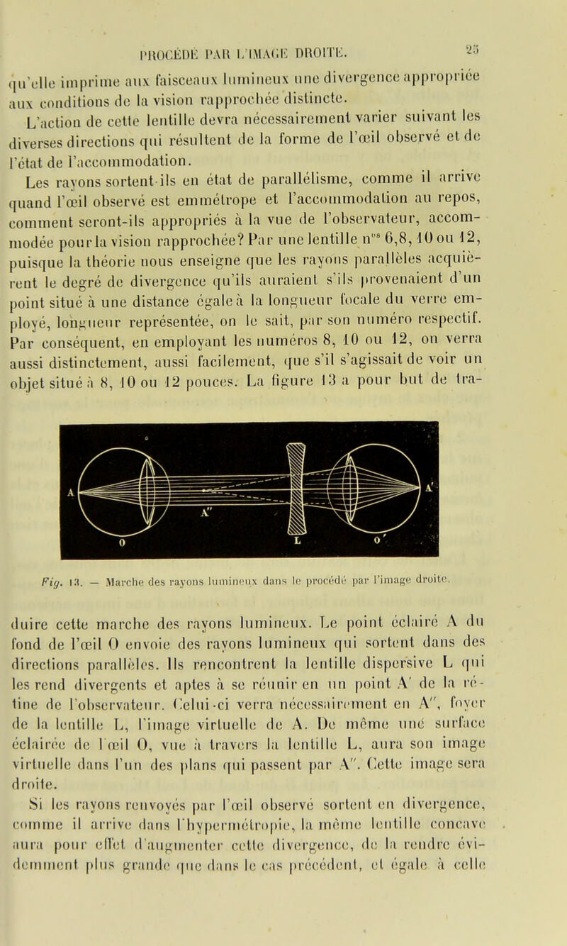 l'IUKlÉDI': l'AU i;iMAC.I': droith. (lirelle imprime aux laiscoaiix lumineux une divergence appropriée aux conditions de la vision rapprochée distincte. L'action de cette lentille devra nécessairement varier suivant les diverses directions qui résultent de la forme de l'œil observé et de l'état de l'accommodation. Les rayons sortent-ils en état de parallélisme, comme il arrive quand l'œil observé est emmétrope et l'accommodation au repos, comment seront-ils appropriés cà la vue de l'observateur, accom- modée pourla vision rapprochée? Par une lentille n^ 6,8,10 ou 12, puisque la théorie nous enseigne que les rayons parallèles acquiè- rent le degré de divergence qu'ils auraient s'ils provenaient d'un point situé à une distance égale à la longueur locale du verre em- ployé, loiigucur représentée, on le sait, par son numéro respectif. Par conséquent, en employant les numéros 8, 10 ou 12, on verra aussi distinctement, aussi facilement, que s'il s'agissait de voir un objet situé à 8, 10 ou 12 pouces. La figure 13 a pour but de tra- duire cette marche des rayons lumineux. Le point éclairé A du fond de l'œil 0 envoie des rayons lumineux qui sortent dans des directions parallèles, ils rencontrent la lentille dispersive L qui les rend divergents et aptes à se réunir en un point A' de la ré- tine de l'observateur, (lelui-ci verra nécessairement en A, foyer de la lentille L, l'image virtuelle de A. De môme une surface éclairée de l œil 0, vue à travers la lentille L, aura son image virtuelle dans l'un des plans qui passent par .\. Cette image sera droite. Si les rayons renvoyés par VœW observé sortent en divergence, comme il arrive dans I hypermétropie, la même lentille concave aura pour eU'et d'augmenter celte divergence, de la rendre évi- dcnunent [)lus grande (|uc dans le cas précédent, et égale à celb;