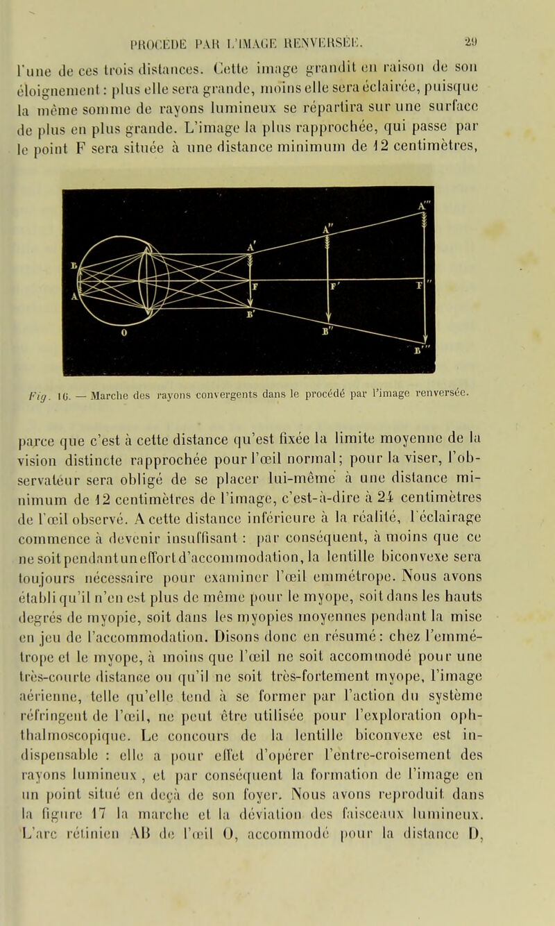 l'une (le ces trois dislaiicos. Cette image graïulil on raison de son éloignenient : plus elle sera grande, moins elle sera éelairée, puisque la même somme de rayons lumineux se répartira sur une surface de plus en plus grande. L'image la plus rapprochée, qui passe par le point F sera située à une distance minimum de 12 centimètres, A a: v r ' - 1 F' T  0 . I B' ir,f^ l(j — Marche des i-ayons convergents dans le procédé par l'imago renversée. parce que c'est à cette distance qu'est fixée la limite moyenne de la vision distincte rapprochée pour l'œil normal; pour la viser, l'ob- servateur sera obligé de se placer lui-même à une distance mi- nimum de \ 2 centimètres de l'image, c'est-à-dire à 24 centimètres de l'œil observé. A cette distance inférieure à la réalité, l eclairage commence à devenir insuffisant : par conséquent, à moins que ce nesoitpcndantuneffortd'accommodation, la lentille biconvexe sera toujours nécessaire pour examiner l'œil emmétrope. Nous avons établi qu'il n'en est plus de même pour le myope, soit dans les hauts degrés de myopie, soit dans les myopies moyennes pendant la mise en jeu de l'accommodation. Disons donc en résumé : chez l'emmé- trope et le myope, à moins que l'œil ne soit accommodé pour une très-courte distance on qu'il ne soit très-fortement myope, l'image aérienne, telle qu'elle tend à se former par l'action du système réfringent de l'œil, ne peut être utilisée pour l'exploration oph- thalmoscopique. Le concours de la lentille biconvexe est in- dispensable : elle a pour eiïet d'opérer l'entre-croisement des rayons lumineux , et par conséquent la formation de l'image en un point situé en deçà de son foyer. Nous avons reproduit dans la figure 17 la marche et la déviation des faisceaux lumineux. L'arc rétinien AB d(i l'œil 0, accommodé pour la distance D,