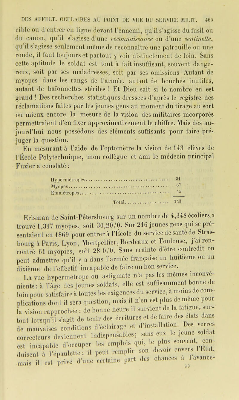 cible ou d'entrer en ligne devant l'ennemi, qu'il s'agisse du fusil ou du canon, ([u'il s'agisse d'une reconnaissance ou d'une sentinelle^ qu'il s'agisse seulement même de reconnaître une patrouille ou une ronde, il faut toujours et partout y voir distinctement de loin. Sans cette aptitude le soldat est tout à fait insuffisant, souvent dange- reux, soit par ses maladresses, soit par ses omissions Autant de myopes dans les rangs de l'armée, autant de bouches inutiles, autant de baïonnettes stériles ! Et Dieu sait si le nombre en est grand ! Des recherches statistiques dressées d'après le registre des réclamations faites par les jeunes gens au moment du tirage au sort ou mieux encore la mesure de la vision des militaires incorporés permettraient d'en fixer approximativement le chiffre. Mais dès au-- jourd'hui nous possédons des éléments suffisants pour faire pré- juger la question. En mesurant à l'aide de l'optomètre la vision de 143 élèves de l'École Polytechnique, mon collègue et ami le médecin principal Fuzier a constaté : Hypermétropes •• • • 31 Myopes Emmétropes Total Erisman de Saint-Pétersbourg sur un nombre de 4,348 écoliers a trouvé 1,317 myopes, soit 30,20/0. Sur 216 jeunes gens qui se pré- sentaient en 1869 pour entrer à l'École du service de santé de Stras- bourg à Paris, Lyon, Montpellier, Bordeaux et Toulouse, j'ai ren- contré 61 myopies, soit 28 0/0. Sans crainte d'être contredit on peut admettre qu'il y a dans l'armée française un huitième ou un dixième de l'effectif incapable de faire un bon service. La vue hypermétrope ou astigmate n'a pas les mêmes inconvé- nients: à l'âge des jeunes soldats, elle est suffisamment bonne de loin pour satisfaire à toutes les exigences du service, à moins de com- plications dont il sera question, mais il n'en est plus de même pour la vision rapprochée : de bonne heure il survient de la fatigue sur- tout lorsqu'il s'agit de tenir des écritures et de faire des états dans de mauvaises conditions d'éclairage et d'installation. Des verres correcteurs deviennent indispensables; sans eux le jeune soldat est incapable d'occuper les emplois qui, le plus sou^nt on- duisent à l'épauleltc; il peut remplir son devoir enyer l Etat, mais U est privé d'une certaine part des chances a l avance^