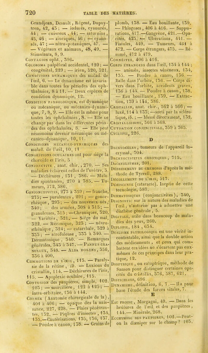 Grandjean, Desaull, Régent, Diipuy- Iren, 42, 43 ; — ioduiés, cyanures, 44 ; — cuivreux ,44; — salurnins, 45, 46 ; — ziuciques, 46 ; — cyano- ses, 47 ; — nitro-polassiciues, 47. — — Végétaux et animaux, 48, 49, — Siiinulauls, 8, 9. Contagion opiit., 396. CoLOBOMA palpchral accidentel, 120; — congénital, 229 ; — irien, 620, 521. Conditions dynamiques des mulad. de l'oeil, 6. — Le dynamisme est invaria- ble dans toutes les périodes des opli- thalmies, 8 à H. — Deux espèces de coudition dynamique, 12. Condition pathologique, est dynamique ou mécanique, ou mécanico-dynami- que, 7,8,9. — Elle est la môme pour toutes les ophthalmies ,8. — Elle ne change pas dans les diflerenles pério- des des ophlhalmies, S. — Elle peut néanmoins devenir mécanique ou mé- canico-dynauiquc, 10,11. CONDITIOlfS MÉCANICO-DYNAMIQOKS dcS maiad. de l'œil, 10, 11 Congestions oculaires ont pour siège la choroïde et l'iris, 5 Conjonctive , anat. chir. ,270. — Ses maladies éclairent celles de l'urc tre, 3. — Déchirures , 151 , 386. — Mala- dies spontanées, 270 à 383. — Tu- meurs, 372,586. Conjonctivites, 273 à 359 ; — franche, 275; — purulentes , 291 ; — gonor- rhéique, 295; — des nouveaux-nés; 340; — des armées, SOS à 315; — granuleuses, 315 ; —Chroniques, 320. — Variétés, 321. — Siège du mal, 322. — Mécanique, 323 ; — névro- sthénique, 524; — calarrhale, 329 à 333 ; — scrofuleuse , 533 à 340. — Dermatosique , 340. — Remarques générales, 345 à 547. — Pannus cra- NOLEDX, 548. — Alba dolens, 556, 356 à 400. Commotions de l'œil, 115. — Paraly- sie de la rétine , ib. — Luxions du cristallin, 114. —Déchirures de l'iris, 1/I5_ — Apoplexie oculaire, 115. Contusion des paupières, simple, 102. 105; —sourcilière, 122 à 125; — inira-orhitaire, 156 à 144. CoiiNÉE ( Anatomie chirurgicale de la), 401 à 406; — opaque dès la nais- sance, 227, 228. — Plaies pénétraji- tes, 132. — Piqûres d'insectes , 134, 135.—Cautérisations, 155, 156, 157. — Poudre à canon, 138, — Grains de plomb, 138. — Kau boulUanle, 139. — Phlogoses, 406 à 416. — Suppu- rations, 417.—Gangrène, 421.—Opa- cités, 423. •— Ulcéraiions, 441.— Fistules, 449. — Tumeurs, 4l>l à 472. — Corps étrangers, 475. — Ré- sumé, 472 à 479. CoBNiiiTES, 406 à 416. Corps liTRANCEns dans l'œil, 134 à 144 ; — animés, insectes vénéneux, 134, 135. — Poudre à canon, 136.— Balle dans l'orbite, 156. — Corps di- vers dans l'orbite, accidents graves, 136 à 144. — Poudre à canon, 138. — Eau bouillante , 139. — Extrac- tion, 139 à 144, 580. Cristallin, anat. chir., 562 à 566; — luxé, 114 à 133; —sorti par la scléro- tique, ib. ; — blessé directement, 152. Cristalloidite, 560 à 368. cutisation cokjonctivale, 359 à 365. Gyclople, 226. D Dacryocèles , tumeurs de l'appareil la- crymal , 704. Dacryocystites chroniques , 713. Dacryolithes, 201. Dédridement du chémosis d'après la mé- . thode de Tyrrell, 288. Décollement de l'iris, 517. Déhiscente (cataracte). Ineptie de cette tecuologie, 587. Dermatosiques (conjonctivites), 340, Diagnostic sur la nature des maladies de l'œil, n'autorise pas à admettre une diathèse générale , 5. Digitale, utile dans beaucoup de mala- dies des yeux, 260. Diplopie, 184 , 654. Dualisme pathologique est une vérité in- contestable, ainsi que la double action des médicaments , et peux qui com- battent ces idées ne s'écarlenl pas eux- mêmes de ces principes dans leur pra- tique, 12. DioPTRiQUE , ou catoptrique, méthode de Sanson pour distinguer certaines opa- cités du cristallin, 576, 587, 621. DisTicniASis, 696. Dynamisme, définition, 6, 7. —Ilajiour base l'étude des forces vitales, 7. E Eau froide , Morgagni, 49. — Dans les brûlures de l'œil et des paupières , 144.— Minérale, 268. Ecchymose des paupières, 102.—Peuj- on la disssipcr sur le champ ? 105.