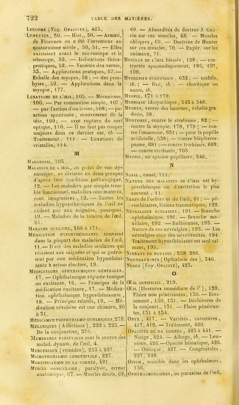 Leucoue (Foi/. Opacités), Vi3, Lunettes, 50. —Hist., 50. — Armali, de Florence en a élé l'inventeur au quatorzième siècle , 50, 51. — Elles existaient avant le mitroscope et le télescope, 52. — Indications théra- peutiques, 52. — Variétés îles verres, 53, — Applications pratiques, 57.— Echelle des myopes, 58; — des pres- bytes, 59. — Applications dans la myopie, 177. Luxations de i'oeil, 105. — Mécanisme, 106. — Par commotion simple, 107 ; — par l'action d'un levier, 108; — par action spontanée, mouvement de la tête, 109; — avec rupture du nerf optique, 110. — Il ne faut pas couper toujours dans ce dernier cas, ih. — Traitement, 111. — Luxations du cristallin, 114. M MxDAnosis, 703. Maladies DE l oeil, yu point de vue dy- namique, se divisent eu deux groupes d'après leiu' cniidilioii pathologique, 12. — Les maladies par simple trou- ble foncliounei, maladies si/ie materia, sont imaginaires ,12. — Toutes les maladies hypcrithciiiques de l'reil ne cèdent pas au.'i Saignées, pourquoi 19. — Maladies de la totalité de l'œil, Gl. Marasme oci;laiiie, 166 à 171. Médication nvposTiiÉNisANTE convient dans la plupart des maladies de l'œil, \ \,— Il est des maladies oculaires qui résistent aux saignées et qui se guéris sent par une médication hyposthéni saule à action élective, 19. Médications oputhalmiques générales -n. — Opbthalmique réputée tonique ou excitante, 16. — Principes de la médication excitaule, 17. — Médica- tion ophlhalmique hyposihénisante , 18. — Principes relatifs, 19. — Mé- dication révidsive est une chimère, 20 àSl. MÉDICAMENTSOPnTUAI,MO-DYNAMIQUES,270. Mélaniques (Affections ), 222 à 225.— De la conjonctive, 37fi. Memiuianes pakiétales sont la source des malad. dyiiam. de l'oeil, 4. Mercuhiaux ( remèdes), 255 à 257. MlCROPIITnALMIE CONGÉNITALE, 227. Mortification de la cornée, i21. Muscle obbiculairr , paralysie, erieur analnniii|Ui', 07. «— Muscles droits, 68, 69. — Absurdité» du docteur J. Gné- rin sur ces muscles, 68. — Muscles obliques , 69. — Doctrine de Hunier sur ces muscles, 70. — Expér. sur les animaux, 71. Muscles de l'oeil blessés , 128 ; — con- tractés spasmodiquenieut, 196, 197, 198. Mvodepsie élincelanie , 632 ; — mobile, ib. ; — fixe, ib. ; — choréique ou noire, ib. Myopie, l7l à 179. Mydriase idiopalhique, 543 à 546. Myopes, verres des lunettes, échelle gra- duée, 58. Myotomie , contre le strabisme , 82 ; — contre la myopie, 178, 179 ; —con- tre l'amaurose, 631 ; —pour la pupille artificielle, 538; — contre blépliaros- pasme,681 ; — contre trichiasis, 689, — contre viclitalio, 703. Myosis, ou spasme pupillairc, 546. Nasal , canal, 711. Nature des >uladies de l'oeil est hy- pcrsthénique ou d'excitation le plus souvent ,11. Nerfs deTorbiin et de l'oeil, 61 ; — pé- riorbilaires, lésions traumaliques, 122. Névralgies oculaires, 191. — Branche ophlhalmique. 191. — Branche ma- xillaire, 192. —Bulbiennes, 193. — Nature de ces névralgies , 193. — Les névralgies sont des névrilémités, 194. Traitement hjposihénisant est seul cal- mant, 195. Nitrate de potasse , 258 286. Nouveaux-NÉS (Opthalmie des ), 340. Nuage (Fo/. Opacité), 423. O OPAh artificiel , 219. OEiL (Blessures immédiate de I' ), 129. Plaies non pénétrantes, 130.— Ecra- sement , 130, 131. — Déchirures de la conjonct., 131. — Plaies pénétran- tes, 131 à 134. Onyx, 417. — Variétés, caractères, 417, 418. — Traitement, 420. Opacités de da cornée , 423 à 441. — Nuage , 424. — Albugo, ib. — Leu- come, 426.—Opacité hémalique, 426. — Ostéiqae , 427. — Congénitales , 227, 228. Opium, nuisible dans les opblhalmics, 156. OpiiTUALMOZûAiRts, ou paralites de l'oeil,