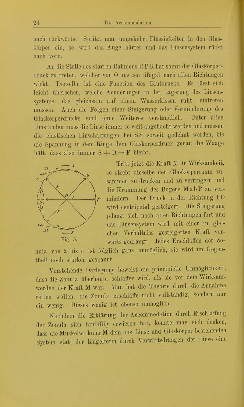 aach rückwärts, ftpritzt man umgekehrt Flüssigkeiten in den Glas- körper ein, so wird das Auge härter und das Linsensystem rückt nach vorn. An die Stelle des starren Kahmens R P R hat somit der Glaskörper- druck zu treten, welcher von 0 aus centrifugal nach allen Richtungen wirkt. Derselbe ist eine Function des Blutdrucks. Es lässt sich leicht übersehen, welche Aenderungen in der Lagerung des Linsen- systems, das gleichsam auf einem Wasserkissen ruht, eintreten müssen. Auch die Folgen einer Steigerung oder Verminderung des Glaskörperdrucks sind ohne Weiteres verständlich. Unter allen Umständen muss die Linse immer so weit abgeflacht werden und müssen die elastischen Einschaltungen bei SS soweit gedehnt werden, bis die Spannung in dem Ringe dem Glaskörperdruck genau die Waage hält, class also immer S -f- D = F bleibt. Tritt jetzt die Kraft M in Wirksamkeit, so strebt dieselbe den Glaskörperraum zu- sammen zu drücken und zu verringern und die Krümmung des Bogens MabP zu ver- p mindern. Der Druck in der Richtung bO wird centripetal gesteigert. Die Steigerung pflanzt sich nach allen Richtungen fort und das Linsensystem wird mit einer im glei- chen Verhältniss gesteigerten Kraft vor- FiS- 5- wärts gedrängt. Jedes Erschlaffen der Zo- nula von ä bis c ist folglich ganz unmöglich, sie wird im Gegen- theil noch stärker gespannt. Vorstehende Darlegung beweist die principielle Unmöglichkeit, dass die Zonula überhaupt schlaffer wird, als sie vor dem Wirksam- werden der Kraft M war. Man hat die Theorie durch die Annahme retten wollen, die Zonula erschlaffe nicht vollständig, sondern nur ein wenig. Dieses wenig ist ebenso unmöglich. Nachdem die Erklärung der Accommodation durch Erschlaffung der Zonula sich hinfällig erwiesen hat, könnte man sich denken, dass die Muskelwirkung M dem aus Linse und Glaskörper bestehenden System statt der Kugelform durch Vorwärtsdrängen der Linse eine