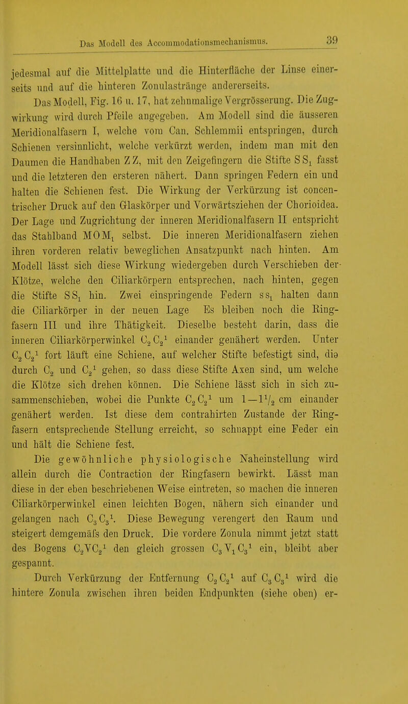 Das Modell des Acconiniodationsmechaiiismus. jedesmal auf die Mittelplatte und die Hinterfläche der Linse einer- seits und auf die hinteren Ztmulastränge andererseits. Das Modell, Fig. 16 it. 17, hat zehnmalige Vergrösserung. Die Zug- wirkung wird durch Pfeile angegeben. Am Modell sind die äusseren Meridionalfasern I, welche vom Can. Schlemmii entspringen, durch Schienen versinnlicht, welche verkürzt werden, indem man mit den Daumen die Handhaben Z Z, mit den Zeigefingern die Stifte S Sx fasst und die letzteren den ersteren nähert. Dann springen Federn ein und halten die Schienen fest. Die Wirkung der Verkürzung ist concen- trischer Druck auf den Glaskörper und Vorwärtsziehen der Chorioidea. Der Lage und Zugrichtung der inneren Meridionalfasern II entspricht das Stahlband MOMt selbst. Die inneren Meridionalfasern ziehen ihren vorderen relativ beweglichen Ansatzpunkt nach hinten. Am Modell lässt sich diese Wirkung wiedergeben durch Verschieben der- Klötze, welche den Ciliarkörpern entsprechen, nach hinten, gegen die Stifte SSX hin. Zwei einspringende Federn ssx halten dann die Ciliarkörper in der neuen Lage Es bleiben noch die Ring- fasern III und ihre Thätigkeit. Dieselbe besteht darin, dass die inneren Ciliarkörperwinkel (^Cg1 einander genähert werden. Unter C2 (V fort läuft eine Schiene, auf welcher Stifte befestigt sind, dia durch C2 und C21 gehen, so dass diese Stifte Axen sind, um welche die Klötze sich drehen können. Die Schiene lässt sich in sich zu- sammenschieben, wobei die Punkte CgCg1 um 1 —lx/2 cm einander genähert werden. Ist diese dem contrahirten Zustande der Ring- fasern entsprechende Stellung erreicht, so schnappt eine Feder ein und hält die Schiene fest. Die gewöhnliche physiologische Naheinstellung wird allein durch die Contraction der Ringfasern bewirkt. Lässt man diese in der eben beschriebenen Weise eintreten, so machen die inneren Ciliarkörperwinkel einen leichten Bogen, nähern sich einander und gelangen nach C-jCg1. Diese Bewegung verengert den Raum und steigert demgemäfs den Druck. Die vordere Zonula nimmt jetzt statt des Bogens C^VCg1 den gleich grossen CgV^g1 ein, bleibt aber gespannt. Durch Verkürzung der Entfernung C2C21 auf CgCg1 wird die hintere Zonula zwischen ihren beiden Endpunkten (siehe oben) er-