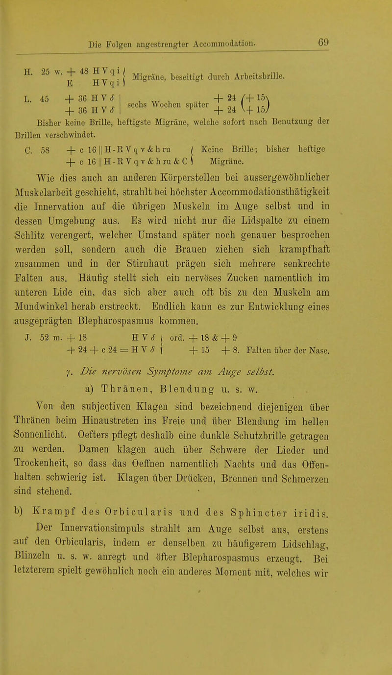 H. 25 w. + 48 H V q i j Migrfine) beseitigt durch Arbeitsbrille. L. 45 + 36 H V S + 36 H V 5 + 24 /+ 15\ sechs Wochen später _i_ 9^ \ i je) + 24 \ + Bisher keine Brille, heftigste Migräne, welche sofort nach Benutzung der Brillen verschwindet. C. 58 -f c 16|iH-BVqv&hru / Keine Brille; bisher heftige -f c 16 || H - E V q v & h ru & C i Migräne. Wie dies auch an anderen Körperstellen bei aussergewöhnlicher Muskelarbeit geschieht, strahlt bei höchster Accommodationsthätigkeit •die Innervation auf die übrigen Muskeln im Auge selbst und in dessen Umgebung aus. Es wird nicht nur die Lidspalte zu einem Schlitz verengert, welcher Umstand später noch genauer besprochen werden soll, sondern auch die Brauen ziehen sich krampfhaft zusammen und in der Stirnhaut prägen sich mehrere senkrechte Palten aus. Häufig stellt sich ein nervöses Zucken namentlich im unteren Lide ein, das sich aber auch oft bis zu den Muskeln am Mundwinkel herab erstreckt. Endlich kann es zur Entwicklung eines ausgeprägten Blepharospasmus kommen. J. 52 m. + 18 H V 5 ) ord. -f- 18 & + 9 + 24 + c 24 = H V <M +15 +8. Falten über der Nase. y. Die nervösen Symptome am Auge selbst. a) Thränen, Blendung u. s. w. Von den subjectiven Klagen sind bezeichnend diejenigen über Thränen beim Hinaustreten ins Ereie und über Blendung im hellen Sonnenlicht. Oefters pflegt deshalb eine dunkle Schutzbrille getragen zu werden. Damen klagen auch über Schwere der Lieder und Trockenheit, so dass das Oefthen namentlich Nachts und das Offen- halten schwierig ist. Klagen über Drücken, Brennen und Schmerzen sind stehend. b) Krampf des Orbicularis und des Sphincter iridis. Der Innervationsimpuls strahlt am Auge selbst aus, erstens auf den Orbicularis, indem er denselben zu häufigerem Lidschlaff Blinzeln u. s. w. anregt und öfter Blepharospasmus erzeugt. Bei letzterem spielt gewöhnlich noch ein anderes Moment mit, welches wir