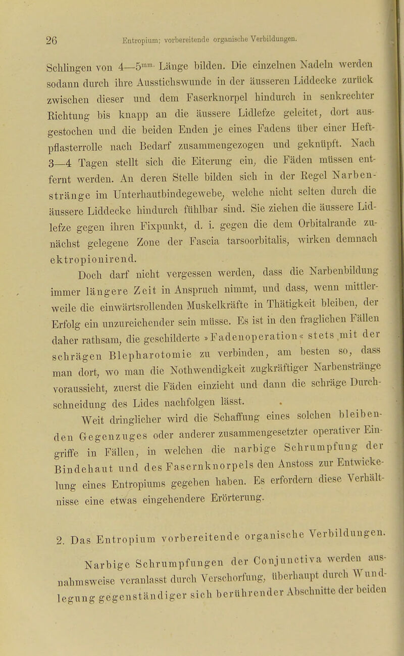 Schlingen von 4—5mm- Länge bilden. Die einzelnen Nadeln werden sodann durch ihre Ausstichswunde in der äusseren Liddecke zurück zwischen dieser und dem Faserknorpel hindurch in senkrechter Richtung bis knapp an die äussere Lidlefze geleitet, dort aus- gestochen und die beiden Enden je eines Fadens über einer Heft- pflasterrolle nach Bedarf zusammengezogen und geknüpft. Nach 3_4 Tagen stellt sich die Eiterung ein, die Fäden müssen ent- fernt werden. An deren Stelle bilden sich in der Regel Narben- stränge im Unterhautbindegewebe, welche nicht selten durch die äussere Liddecke hindurch fühlbar sind. Sie ziehen die äussere Lid- lefze gegen ihren Fixpunkt, d. i. gegen die dem Orbitalrande zu- nächst gelegene Zone der Fascia tarsoorbitalis, wirken demnach ektropionirend. Doch darf nicht vergessen werden, dass die Narbenbildung immer längere Zeit in Anspruch nimmt, und dass, wenn mittler- weile die einwärtsrollenden Muskelkräfte in Thätigkeit bleiben, der Erfolg ein unzureichender sein müsse. Es ist in den fraglichen Fällen daher rathsam, die geschilderte .Fadenoperation« stets mit der schrägen Blepharotomie zu verbinden, am besten so, dass man dort, wo man die Notwendigkeit zugkräftiger Narbenstränge voraussieht, zuerst die Fäden einzieht und dann die schräge Durch- schneidung des Lides nachfolgen lässt. Weit dringlicher wird die Schaffung eines solchen bleiben- den Gegenzuges oder anderer zusammengesetzter operativer Ein- griffe in Fällen, in welchen die narbige Schrumpfung der Bindehaut und des Fasernknorpels den Anstoss zur Entwicke- ln^ eines Entropiums gegeben haben. Es erfordern diese Verhält- nisse eine etwas eingehendere Erörterung. 2. Das Entropium vorbereitende organische Verbildungen. Narbige Schrumpfungen der Conjunctiva werden aus- nahmsweise veranlasst durch Verscborfung, überhaupt durch Wund- legnng gegenständiger sich berührender Abschnitte der beiden