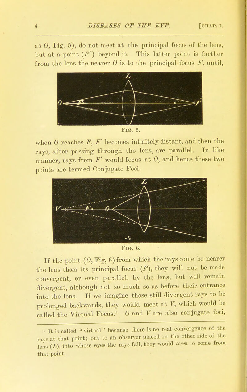 as 0, Fig. 5), do not meet at the principal focii.s of the lens, but at a point (i^') beyond it. This latter point is farther from the lens the nearer 0 is to the principal focus F, until, Fig. 5. when 0 reaches F, F' becomes infinitely distant, and then the rays, after passing through the lens, are parallel. In like manner, rays from F' would focus at 0, and hence these two points are termed Conjugate Foci. Fig. (3. If the point (0, Fig, 6) from which the rays come be nearer the lens than its principal focus {F), they will not be made convergent, or even parallel, by the lens, but will remain divergent, although not so much so as before their entrance into the lens. If we imagine those still divergent rays to be prolonged backwards, they would meet at T, which would be called the Virtual Focus.^ 0 and F are also conjugate foci. ' It is called virtual because there is no real convergence of the rays at that point; but to an observer placed on the other side of the lens (X), into whose eyes the rays fall, they would seen o come from that point.