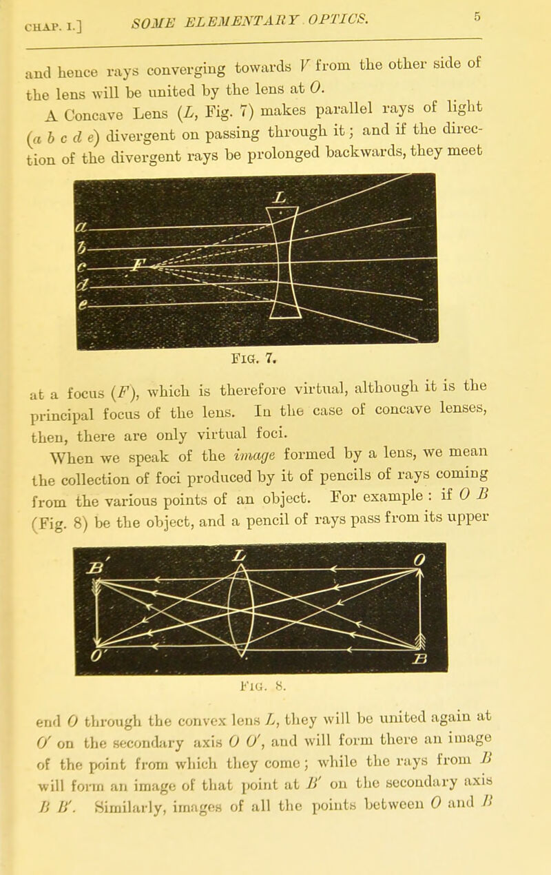 and heuce rays converging towards F from the other side of the lens will be united by the lens at 0. A Concave Lens {L, Fig. 7) makes parallel rays of light Uhcde) divergent on passing through it; and if the direc- tion of the divergent rays be prolonged backwards, they meet Fig. 7. at a focus {F), which is therefore virtual, although it is the principal focus of the lens. In the case of concave lenses, then, there are only virtual foci. When we speak of the image formed by a lens, we mean the collection of foci produced by it of pencils of rays coming from the various points of an object. For example : HOB (Fig. 8) be the object, and a pencil of rays pass from its upper Fig. end 0 through the convex lens L, they will be united again at (/ on the secondary axis 0 0\ and will form there an image of the point from which they come; while the rays from B will foi-m an image of that point at B' on the secondary axis h li'. Similarly, images of all the points between 0 and B
