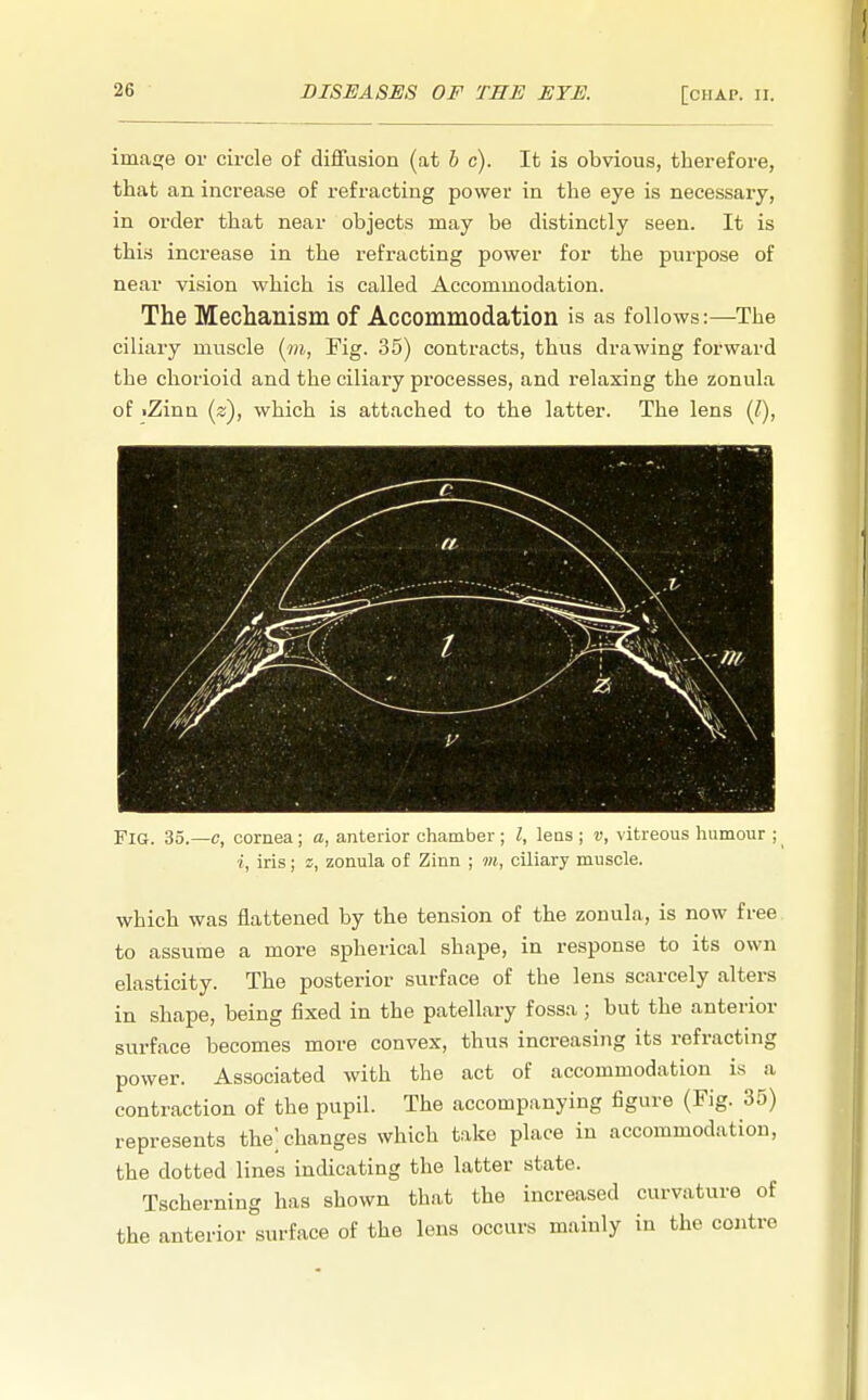 image or circle of diffusion (at be). It is obvious, therefore, that an increase of refracting power in the eye is necessary, in order that near objects may be distinctly seen. It is this increase in the refracting power for the purpose of near vision which is called Accommodation. The Mechanism of Accommodation is as follows:—The ciliary muscle Fig. 35) contracts, thus drawing forward the chorioid and the ciliary processes, and relaxing the zonula of iZinn (2), which is attached to the latter. The lens (I), Fig. 35.—c, cornea ; a, anterior chamber ; I, lens ; v, vitreous humour ; i, iris; z, zonula of Zinn ; m, ciliary muscle. which was flattened by the tension of the zonula, is now free to assume a more spherical shape, in response to its own elasticity. The posterior surface of the lens scarcely alters in shape, being fixed in the patellary fossa; but the anterior surface becomes more convex, thus increasing its refracting power. Associated with the act of accommodation is a contraction of the pupil. The accompanying figure (Fig. 35) represents the] changes which take place in accommodation, the dotted lines indicating the latter state. Tscherning has shown that the increased curvature of the anterior surface of the lens occurs mainly in the centre