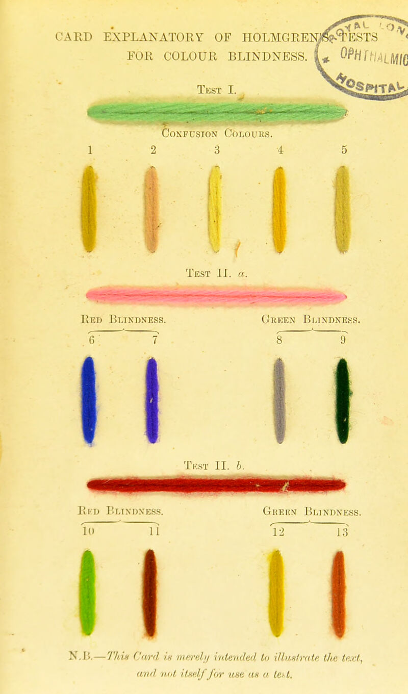 CARD EXPLANATORY OF IIOLMGREN^TESTS ¥< FOR COLOUR BLINDNESS. ^^MLM/fi Test I. Confusion Colours. 2 3 4 Test II. a. Red Blindness. Green Blindness. Tbst II. b. Red Blindness. Id 11 Gkeicn Blindness. 12 13 N.B.—This Card is merely intended to illustrate the text, and not itself for use as a test,
