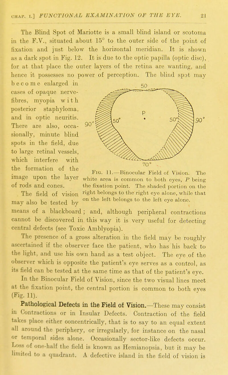 The Blind Spot of Mariotte is a small blind island or scotoma in the F.V., situated about 15° to the outer side of the point of fixation and just below the horizontal meridian. It is shown as a dark spot in Fig. 12. It is due to the optic papilla (optic disc), for at that place the outer layers of the retina are wanting, and hence it possesses no power of perception. The blind spot may become enlarged in eases of opaque nerve- fibres, myopia with posterior staphyloma, and in optic neuritis. There are also, occa- 9^ sionally, minute blind spots in the field, due to large retinal vessels, which interfere with the formation of the „ ., Fig. II.—Binocular Field of Vision. The image upon the layer ^,hite area is common to both eyes, P being of rods and cones. the fixation point. The shaded portion on the The field of vision ^ig^t belongs to the right eye alone, while that may also be tested by *° means of a blackboard; and, although peripheral contractions cannot be discovered in this way it is very useful for detecting central defects (see Toxic Amblyopia). The presence of a gross alteration in the field may be roughly ascertained if the observer face the patient, who has his back to the light, and use his own hand as a test object. The eye of the observer which is opposite the patient's eye serves as a control, as its field can be tested at the same time as that of the patient's eye. In the Binocular Field of Vision, since the two visual lines meet at the fixation point, the central portion is common to both eyes (Fig. 11). Pathological Defects in the Field of Vision.—These may consist m Contractions or in Insular Defects. Contraction of the field takes place either concentrically, that is to say to an equal extent all around the periphery, or irregularly, for instance on the nasal or temporal .-sides alone. Occasionally sector-like defects occur. Lo.ss of one-half the field is known as Hemianopsia, but it may be limited to a quadrant, A defective island in the field of vision is