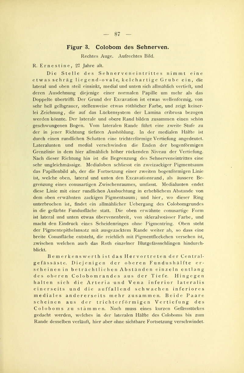 Figur 3. Colobom des Sehnerven. Rechtes Auge. Aufrechtes Bild. R. Ernestine, 27 Jahre alt. Die Stelle des Sehnerveneintrittes nimmt eine etwas schräg liegend-ovale, kelchartige Grube ein, die lateral und oben steil einsinkt, medial und unten sich allmählich vertieft, und deren Ausdehnung diejenige einer normalen Papille um mehr als das Doppelte übertrifft. Der Grund der Excavation ist etwas wellenförmig, von sehr hell gelbgrauer, stellenweise etwas röthlicher Farbe, und zeigt keiner- lei Zeichnung, die auf das Lückensystem der Lamina cribrosa bezogen werden könnte. Der laterale und obere Rand bilden zusammen einen schön geschwungenen Bogen. Vom lateralen Rande führt eine zweite Stufe zu der in jener Richtung tiefsten Aushöhlung. In der medialen Hälfte ist durch einen rundlichen Schatten eine trichterförmige Vertiefung angedeutet. Lateralunten und medial verschwinden die Enden der bogenförmigen Grenzlinie in dem hier allmählich höher rückenden Niveau der Vertiefung. Nach dieser Richtung hin ist die Begrenzung des Sehnerveneintrittes eine sehr ungleichmässige. Medialoben schliesst ein zweizackiger Pigmentsaum das Papillenbild ab, der die Fortsetzung einer zweiten bogenförmigen Linie ist, welche oben, lateral und unten den Excavationsrand, als äussere Be- grenzung eines conusartigen Zwischenraumes, umfasst. Medialunten endet diese Linie mit einer rundlichen Ausbuchtung in erheblichem Abstände von dem oben erwähnten zackigen Pigmentsaum; und hier, wo dieser Ring unterbrochen ist, findet ein allmählicher Uebergang des Colobomgrundes in die gefärbte Fundusfläche statt. Die oben erwähnte conusartige Form ist lateral und unten etwas übervenenbreit, von skleralweisser Farbe, und macht den Eindruck eines Scheidenringes ohne Pigmentring. Oben steht der Pigmentepithelansatz mit ausgezacktem Rande weiter ab, so dass eine breite Conusfläche entsteht, die reichlich mit Pigmentfleckchen versehen ist, zwischen welchen auch das Roth einzelner Blutgefässschlingen hindurch- blickt. Bemerkenswerth ist das Hervortreten der Central- gefässäste. Diejenigen der oberen Fundushälfte er- scheinen in beträchtlichen Abständen einzeln entlang des oberen Colobomrandes aus der Tiefe. Hingegen halten sich die Arteria und Vena inferior lateralis einerseits und die auffallend schwachen inferiores mediales andererseits mehr zusammen. Beide Paare scheinen aus der trichterförmigen Vertiefung des Coloboms zu stammen. Noch muss eines kurzen Gefässstückes gedacht werden, welches in der lateralen Hälfte des Coloboms bis zum Rande desselben verläuft, hier aber ohne sichtbare Fortsetzung verschwindet.