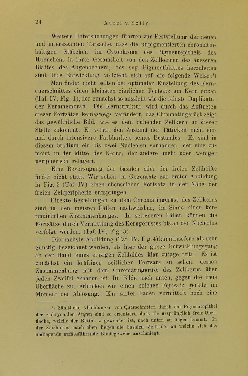 Weitere Untersuchungen führten zur Feststellung der neuen und interessanten Tatsache, dass die unpigmentierten chromatin- haltigen Stäbchen im Cytoplasma des Pigmentepithels des Hühnchens in ihrer Gesamtheit von den Zellkernen des äusseren Blattes des Augenbechers, des sog. Pigmentblattes herzuleiten sind. Ihre Entwicklung vollzieht sich auf die folgende Weise:1) Man findet nicht selten bei optimaler Einstellung des Kern- querschnittes einen kleinsten zierlichen Fortsatz am Kern sitzen (Taf. IV, Fig. 1), der zunächst so aussieht wie die feinste Duplikatur der Kernmembran. Die Kernstruktur wird durch das Auftreten dieser Fortsätze keineswegs verändert, das Chromatingerüst zeigt das gewöhnliche Bild, wie es dem ruhenden Zellkern an dieser Stelle zukommt. Er verrät den Zustand der Tätigkeit nicht ein- mal durch intensivere Färbbarkeit seines Bestandes. Es sind in diesem Stadium ein bis zwei Nucleolen vorhanden, der eine zu- meist in der Mitte des Kerns, der andere mehr oder weniger peripherisch gelagert. Eine Bevorzugung der basalen oder der freien Zellhälfte findet nicht statt. Wir sehen im Gegensatz zur ersten Abbildung in Fig. 2 (Taf. IV) einen ebensolchen Fortsatz in der Nähe der freien Zellperipherie entspringen. Direkte Beziehungen zu dem Chromatingerüst des Zellkerns sind in den meisten Fällen nachweisbar, im Sinne eines kon- tinuirlichen Zusammenhanges. In selteneren Fällen können die Fortsätze durch Vermittlung des Kerngerüstes bis an den Nucleolus verfolgt werden. (Taf. IV, Fig. 3). Die nächste Abbildung (Taf. IV, Fig. 4) kann insofern als sehr günstig bezeichnet werden, als hier der ganze Entwicklungsgang an der Hand eines einzigen Zellbildes klar zutage tritt. Es ist zunächst ein kräftiger seitlicher Fortsatz zu sehen, dessen Zusammenhang mit dem Chromatingerüst des Zellkerns über jeden Zweifel erhaben ist. Im Bilde nach unten, gegen die freie Oberfläche zu, erblicken wir einen solchen Fortsatz gerade im Moment der Ablösung. Ein zarter Faden vermittelt noch eine ') Sämtliche Abbildungen von Querschnitten durch das Pignientepithel der embryonalen Augen sind so orientiert, dass die ursprünglich freie Ober- fläche, welche der Retina zugewendet ist, nach unten zu liegen kommt. In der Zeichnung nach oben liegen die basalen Zellteile, an welche sich das umliegende gefässführende Bindegewebe anschmiegt.