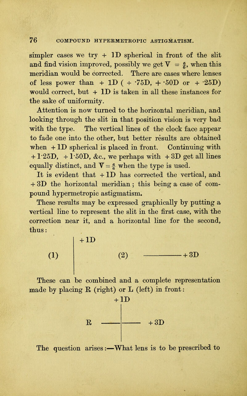 simpler cases we try + ID spherical in front of the slit and find vision improved, possibly we get Y = £, when this meridian would be corrected. There are cases where lenses of less power than + ID ( + 75D, + '50D or + 25D) would correct, but + ID is taken in all these instances for the sake of uniformity. Attention is now turned to the horizontal meridian, and looking through the slit in that position vision is very bad with the type. The vertical lines of the clock face appear to fade one into the other, but better results are obtained when + ID spherical is placed in front. Continuing with + 1-25D, + 1'50D, &c, we perhaps with + 3D get all lines equally distinct, and Y = £ when the type is used. It is evident that + ID has corrected the vertical, and + 3D the horizontal meridian; this being a case of com- pound hypermetropic astigmatism. These results may be expressed graphically by putting a vertical line to represent the slit in the first case, with the correction near it, and a horizontal line for the second, thus: + 1D (1) (2) + 3D These can be combined and a complete representation made by placing E. (right) or L (left) in front: + ID E + 3D The question arises:—What lens is to be prescribed to