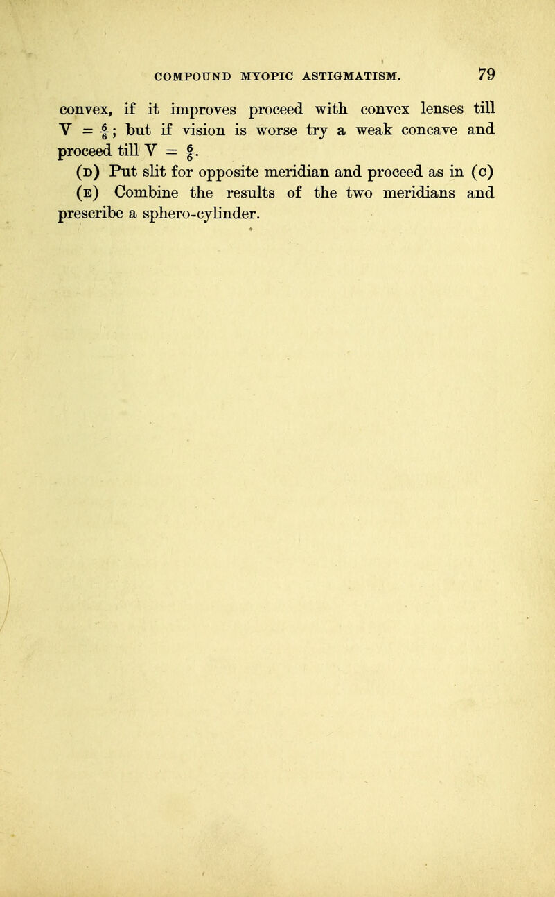 convex, if it improves proceed with convex lenses till V = 4; but if vision is worse try a weak concave and proceed till V = f. (d) Put slit for opposite meridian and proceed as in (c) (e) Combine the results of the two meridians and prescribe a sphero-cylinder.