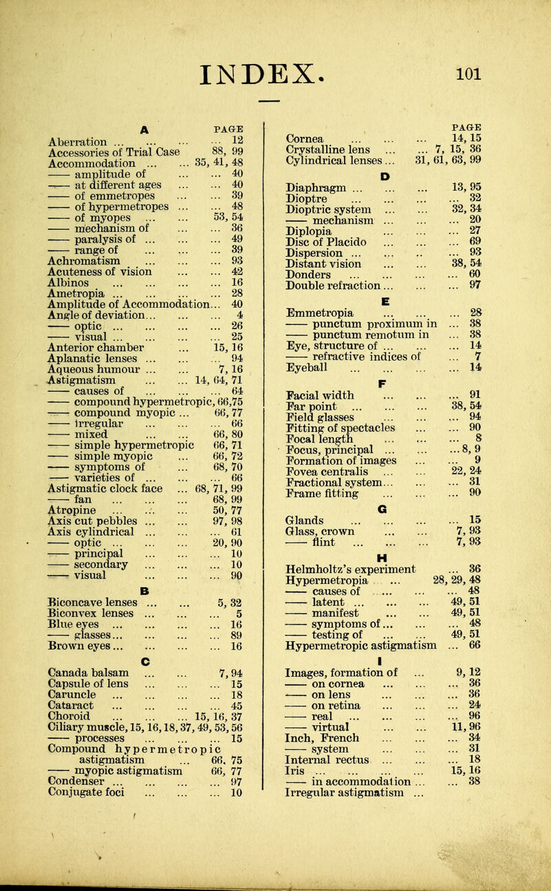 A PAGE Aberration ••■ 12 Accessories of Trial Case 88, 99 Accommodation 35, 41, 48 amplitude of 40 — at different ages 40 of emmetropes 39 of hypermetropes 48 of myopes 53, 54 mechanism of 36 ■ paralysis of 49 range of 39 Achromatism 93 Acuteness of vision 42 Albinos 16 Ametropia 28 Amplitude of Accommodation... 40 Angle of deviation 4 optic 26 visual 25 Anterior chamber ... 15,16 Aplanatic lenses 94 Aqueous humour 7,16 Astigmatism 14, (14, 71 causes of 64 compound hypermetropic, 66,75 compound myopic ... 66,77 Irregular 66 mixed 66,80 simple hypermetropic 66, 71 simple myopic ... 66,72 symptoms of ... 68,70 varieties of 66 Astigmatic clock face ... 68, 71, 99 fan 68, 99 Atropine ... ... ... 50,77 Axis cut pebbles 97, 98 Axis cylindrical 61 optic 20, 90 principal 10 secondary 10 visual 90 B Biconcave lenses 5, 32 Biconvex lenses 5 Blue eyes 16 glasses 89 Brown eyes 16 C Canada balsam 7,94 Capsule of lens 15 Caruncle 18 Cataract 45 Choroid 15,16, 37 Ciliary muscle, 15,16,18,37,49,53,56 processes 15 Compound hypermetropic astigmatism ... 66. 75 myopic astigmatism 66, 77 Condenser 97 Conjugate foci 10 PAGE Cornea 14,15 Crystalline lens 7, 15, 36 Cylindrical lenses ... 31, 61, 63, 99 D Diaphragm 13, 95 Dioptre 32 Dioptric system 32, 34 mechanism 20 Diplopia 27 Disc of Placido 69 Dispersion 93 Distant vision 38,54 Donders 60 Double refraction 97 E Emmetropia 28 punctum proximum in ... 38 punctum remotum in ... 38 Eye, structure of 14 refractive indices of ... 7 Eyeball 14 F Facial width 91 Far point 38,54 Field glasses 94 Fitting of spectacles 90 Focal length 8 Focus, principal 8, 9 Formation of images 9 Fovea centralis 22, 24 Fractional system 31 Frame fitting 90 G Glands 15 Glass, crown 7,93 flint 7,93 H Helmholtz's experiment ... 36 Hypermetropia ... 28,29,48 causes of 48 latent ... ... ... 49,51 manifest 49,51 symptoms of 48 testing of 49,51 Hypermetropic astigmatism ... 66 I Images, formation of ... 9,12 on cornea 36 on lens 36 on retina 24 real 96 virtual 11,96 Inch, French 34 system 31 Internal rectus 18 Iris 15,16 in accommodation 38 Irregular astigmatism ...