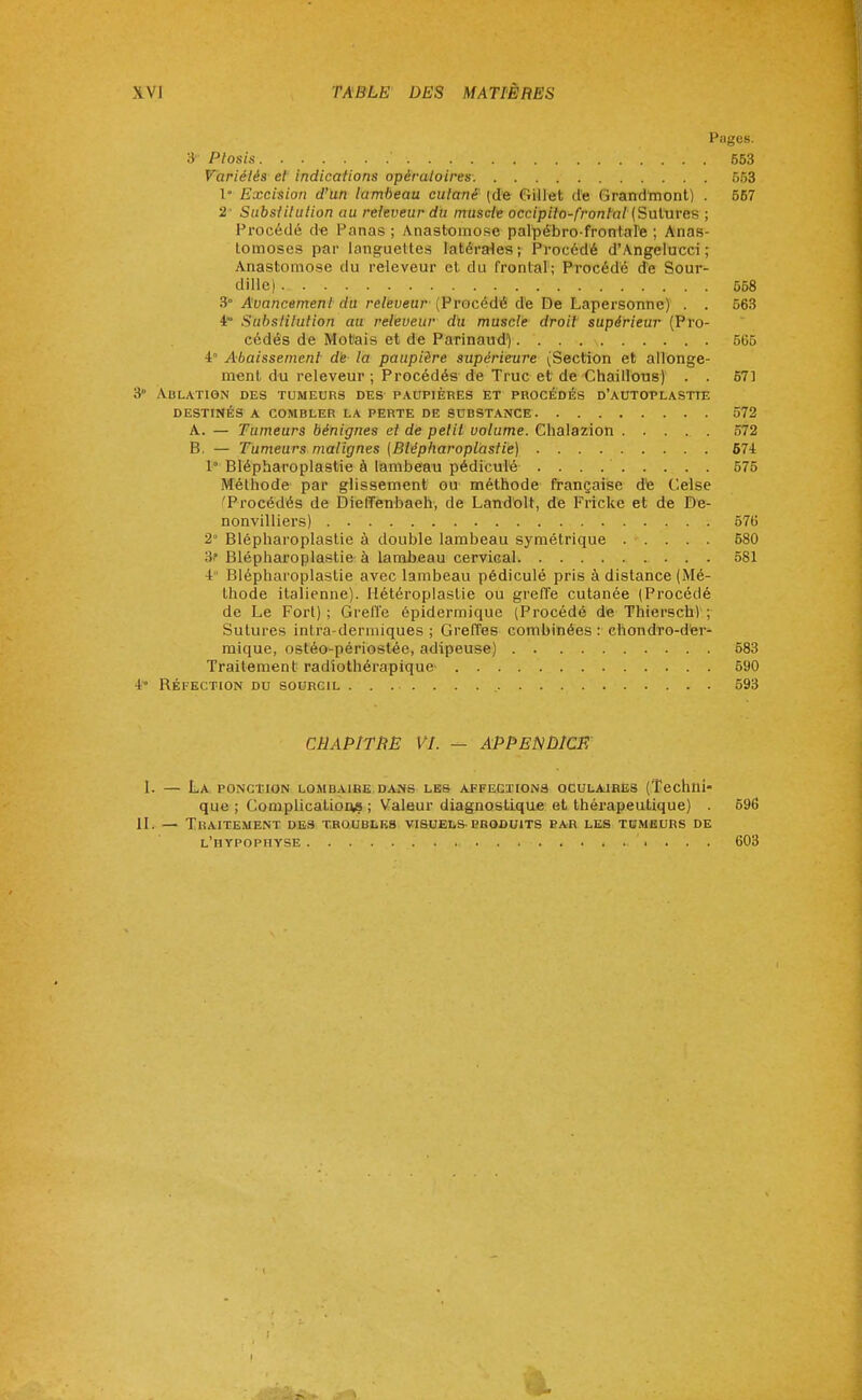 Pages. dr Ptosis .' ....... ..... 663 Variétés et indications opératoires. 553 1* Excision d'un lambeau cutané (de Gillet de Grandmont) . 667 2° Substitution au releveur du muscle occipito-frontal' (Sutures ; Procédé d« Panas ; Anastomose palpé'bro-frontnle ; Anas- tomoses par languettes latérales; Procédé d'Angelucci ; Anastomose du releveur et du frontal; Procédé de Sour- dille) 668 3° Avancement du releveur (Procédé dé De Lapersonne) . . 563 i Substitution au releveur du muscle droit supérieur (Pro- cédés de Mofcais et de Parinaud). . . . \ 5G5 4° Abaissement de la paupière supérieure (Section et allonge- ment du releveur ; Procédés de Truc et de Chaillotis) . . 57] 3° Ablation des tumeurs des paupières et procédés d'autoplastie destinés a combler la perte de substance 572 A. — Tumeurs bénignes et de petit volume. Chalazion 572 B. — Tumeurs malignes {Blépharoplàstie) 674 P Blépharoplàstie à lambeau pédiculé 575 Méthode par glissement ou méthode française d'e Celse Procédés de DielTenbaeh, de Landolt, de Fricke et de De- nonvilliers) 576 2° Blépharoplàstie à double lambeau symétrique 580 3f Blépharoplàstie à lambeau cervical 581 4° Blépharoplàstie avec lambeau pédiculé pris à distance (Mé- thode italienne). Hétéroplastie ou greffe cutanée (Procédé de Le Fort) ; Greffe épidermique (Procédé de Thiersch) ; Sutures intra-dermiques ; Greffes combinées : chondro-der- mique, ostéo-périostée, adipeuse) 683 Traitement radiothérapique 590 i BÉFECTION du sourcil 593 CHAPITRE VI. — APPENDICE I. — La ponction lombaire dans les affections oculaires (Techni- que ; Complications ; Valeur diagnostique et thérapeutique) 696 IL — Traitement des troubles visuels produits par les tumeurs de l'hypophyse 603