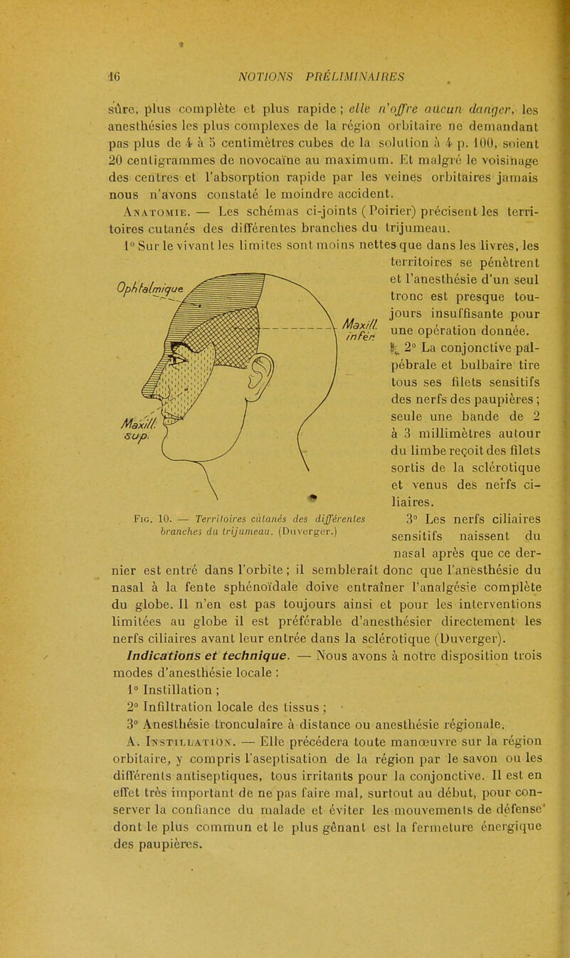 sûre, plus complète et plus rapide ; elle n'offre aucun danger, les anesthésies les plus complexes de la région orbilaire ne demandant pas plus de 4 à 5 centimètres cubes de la solution à 4 p. 100. soient 20 centigrammes de novocaïne au maximum. Et malgré le voisinage des centres et l'absorption rapide par les veines orbitaires jamais nous n'avons constaté le moindre accident. Anatomie. — Les schémas ci-joints ( Poirier) précisent les terri- toires cutanés des différentes branebes du trijumeau. 1° Sur le vivant les limites sont moins nettes que dans les livres, les territoires se pénètrent et Tanesthésie d'un seul tronc est presque tou- jours insuffisante pour une opération donnée. ^ 2° La conjonctive pâl- pébrale et bulbaire tire tous ses filets sensitifs des nerfs des paupières ; seule une bande de 2 à 3 millimètres autour du limbe reçoit des filets sortis de la sclérotique des nerfs ci- Maxilt. inFér. Fig. 10. — Territoires cutanés des différentes branches du trijumeau. (Dnvergcr.) et venus liaires. 3° Les sensitifs nerfs ciliaires naissent du nasal après que ce der- nier est entré dans l'orbite ; il semblerait donc que l'anesthésie du nasal à la fente sphénoïdale doive entraîner l'analgésie complète du globe. Il n'en est pas toujours ainsi et pour les interventions limitées au globe il est préférable d'anesthésier directement les nerfs ciliaires avant leur entrée dans la sclérotique (Duverger). Indications et technique. — Nous avons à notre disposition trois modes d'anesthésie locale : 1° Instillation ; 2° Infiltration locale des tissus ; 3° Anesthésie tronculaire à distance ou anesthésie régionale. A. Instillation. — Elle précédera toute manœuvre sur la région orbilaire, y compris l'aseplisation de la région par le savon ou les différents antiseptiques, tous irritants pour la conjonctive. Il est en effet très important de ne pas faire mal, surtout au début, pour con- server la confiance du malade et éviter les mouvements de défense' dont le plus commun et le plus gênant est la fermeture énergique des paupières.