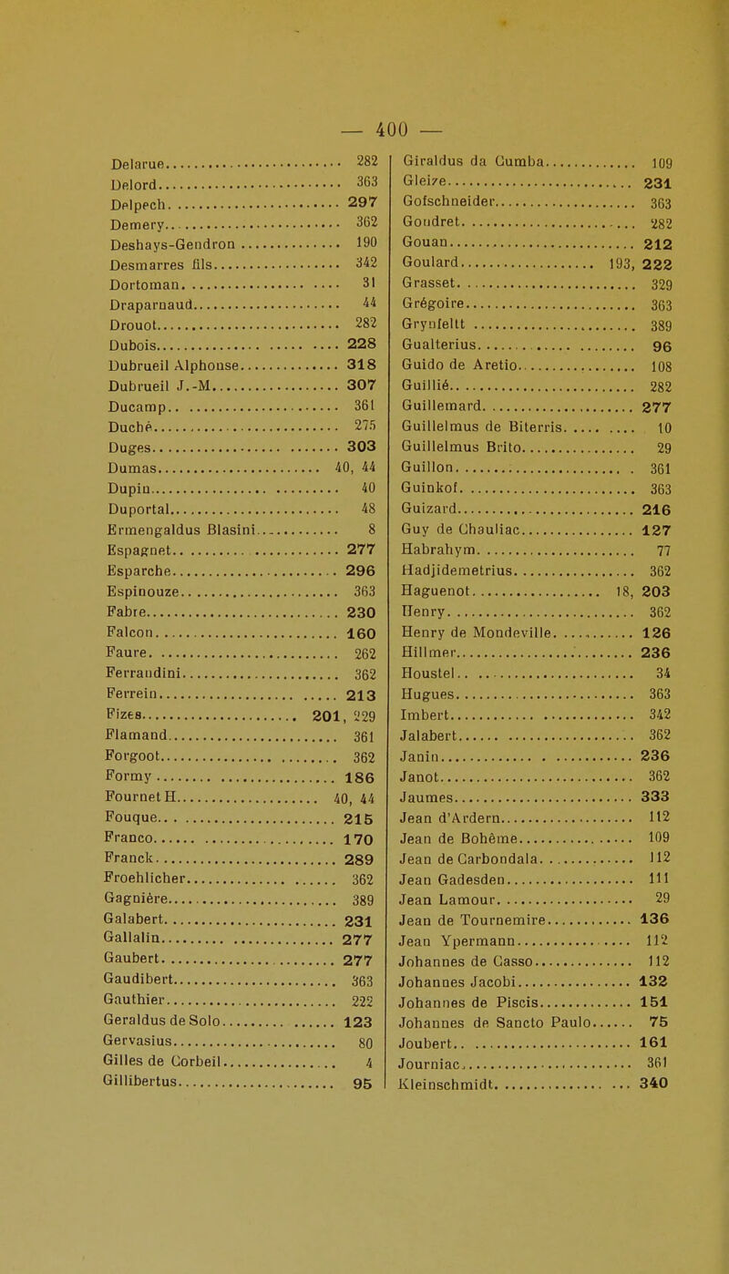 Delarue 282 DRiord 363 Dplppch 297 Demery 362 Deshays-Gendron 190 Desmarres fils 342 Dortoman 31 Draparnaud 4* Drouot 282 Dubois 228 Dubrueil Alphonse 318 Dubrueil J.-M 307 Ducamp 361 Duché 275 Duges 303 Dumas 40, 44 Dupiu 40 Duportal 48 Ermengaldus Blasini 8 Espagnet 277 Esparche 296 Espinouze 363 Fabre 230 Falcon 160 Faure 262 Ferraiidini 362 Ferrein 213 Fizes 201, 229 Flamand 361 Forgoot 362 Formy 186 FournetH 40, 44 Fouque 215 Franco 170 Franck 289 Froehlicher 362 Gagnière 389 Galabert 231 Gallalin 277 Gaubert 277 Gaudibert 363 Gauthier 222 GeraldusdeSolo 123 Gervasius 80 Gilles de Corbeil 4 Gillibertus 95 Giraldus da Cumba 109 Glei/e 231 Gofschneider 353 Gotidret 282 Gouan 212 Goulard )93, 2 22 Grasset 329 Grégoire 353 Grynfeltt 389 Gualterius 96 Guido de Aretio 108 Guillié 282 Guillemard 277 Guillelmus de Biterris 10 Guillelmus Brito 29 Guillon 361 Guinkof 363 Guizard 216 Guy de Chauliac 127 Habrahym 77 Hadjidemetrius 362 Haguenot 18, 203 Henry 362 Henry de Mondeville 126 Hillmer 236 floustel 34 Hugues 363 Imbert 342 Jalabert 362 Janin 236 Janot 362 Jaumes 333 Jean d'Ardern 112 Jean de Bohême 109 Jean de Garbondala 112 Jean Gadesden 111 Jean Lamour 29 Jean de Tournemire 136 Jean Ypermann 112 Johannes de Gasso 112 Johannes Jacobi 132 Johannes de Piscis 151 Johannes de Sancto Paulo 75 Joubert 161 Journiac 361 Kleinschmidt 340