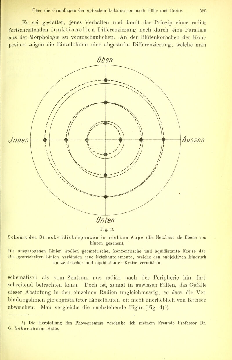 Es sei gestattet, jenes Verhalten und damit das Prinzip einer radiär fortschreitenden funktionellen Differenzierung noch durch eine Parallele aus der Morphologie zu veranschaulichen. An den Blütenkörbchen der Kom- positen zeigen die Einzelblüten eine abgestufte Differenzierung, welche man Oben Janen Aussen Unten Fig. 3. Schema der Streckendiskrepanzen im rechten Auge (die Netzhaut als Ebene von hinten gesehen). Die ausgezogenen Linien stellen geometrische, konzentrische und äquidistante Kreise dar. Die gestrichelten Linien verbinden jene Netzhautelemente, welche den subjektiven Eindruck konzentrischer und äquidistanter Kreise vermitteln. schematisch als vom Zentrum aus radiär nach der Peripherie hin fort- schreitend betrachten kann. Doch ist, zumal in gewissen Fällen, das Gefälle dieser Abstufung in den einzelnen Radien ungleichmässig, so dass die Ver- bindungslinien gleichgestalteter Einzelblüten oft nicht unerheblich von Kreisen abweichen. Man vergleiche die nachstehende Figur (Fig. 4) 1) Die Herstellung des Photograrams verdanke ich irieinem Freunde Professor Dr, G, Soberuheim-H^'Ue,