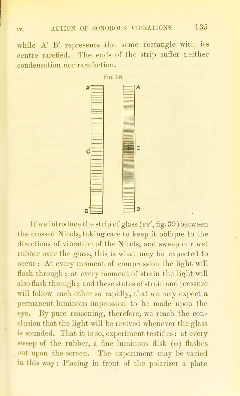 while A' B' represents the same rectangle with its centre rarefied. The ends of the strip suffer neither condensation nor rarefaction. Fig. 38. If we introduce the strip of glass (ss', fig. 39) between the crossed Nicols, taking care to keep it oblique to the directions of vibration of the Nicols, and sweep our wet rubber over the glass, this is what may be expected to occur : At every moment of compression the light will flash through ; at every moment of strain the light will also flash through; and these states of strain and pressure will follow each other so rapidly, that we may expect a permanent luminous impression to be made upon the eye. By pure reasoning, therefore, we reach the con- clusion that the light will be revived whenever the glass is sounded. That it is so, experiment testifies: at every sweep of the rubber, a fine luminous disk (o) flashes out upon the screen. The experiment may be varied in this way: Placing in front of the polarizer a plate