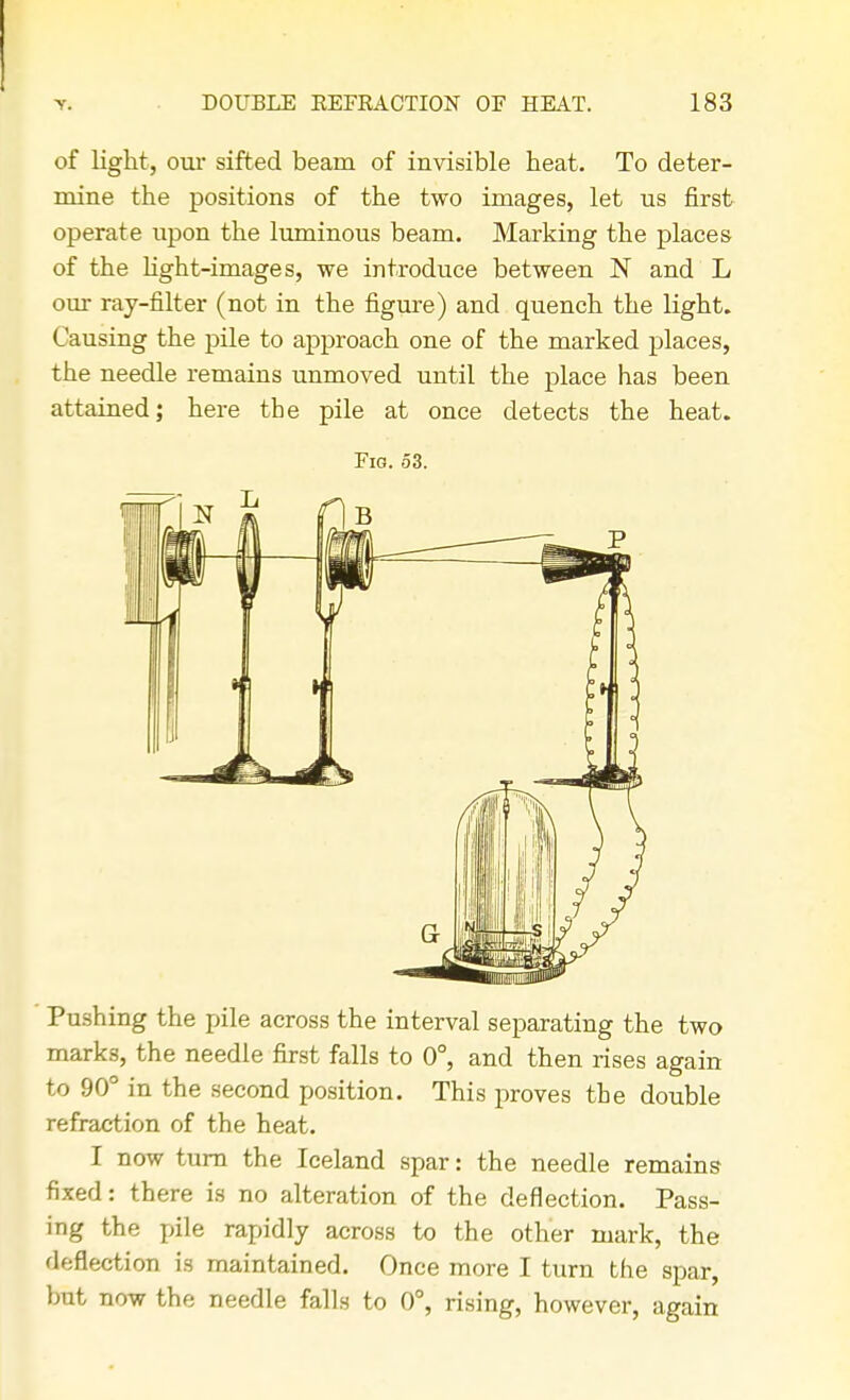 of light, our sifted beam of invisible heat. To deter- mine the positions of the two images, let us first operate upon the luminous beam. Marking the places of the light-images, we introduce between N and L our ray-filter (not in the figure) and quench the light. Causing the pile to approach one of the marked places, the needle remains unmoved until the place has been attained; here the pile at once detects the heat. Fig. 53. Pushing the pile across the interval separating the two marks, the needle first falls to 0°, and then rises again to 90° in the second position. This proves the double refraction of the heat. I now turn the Iceland spar: the needle remains fixed: there is no alteration of the deflection. Pass- ing the pile rapidly across to the other mark, the deflection is maintained. Once more I turn the spar, but now the needle falls to 0°, rising, however, again