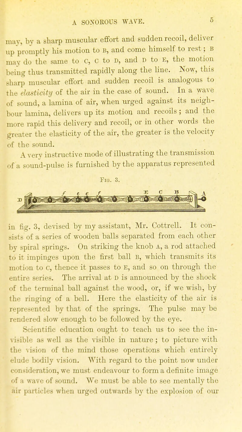 A SONOROUS WAVE. may, by a sharp muscular effort and sudden recoil, deliver up 'promptly his motion to B, and come himself to rest; B may do the same to c, C to D, and D to E, the motion being thus transmitted rapidly along the line. Now, this sharp muscular effort and sudden recoil is analogous to the elasticity of the air in the case of sound. In a wave of sound, a lamina of air, when urged against its neigh- bour lamina, delivers up its motion and recoils ; and the more rapid this delivery and recoil, or in other words the greater the elasticity of the air, the greater is the velocity of the sound. A very instructive mode of illustrating the transmission of a sound-pulse is furnished by the apparatus represented Fig. 3. / e e f_ 3S C B in fig. 3, devised by my assistant, Mr. Cottrell. It con- sists of a series of wooden balls separated from each other by spiral springs. On striking the knob A, a rod attached to it impinges upon the first ball B, which transmits its motion to c, thence it passes to E, and so on through the entire series. The arrival at D is announced by the shock of the terminal ball against the wood, or, if we wish, by the ringing of a bell. Here the elasticity of the air is represented by that of the springs. The pulse may be rendered slow enough to be followed by the eye. Scientific education ought to teach us to see the in- visible as well as the visible in nature; to picture with the vision of the mind those operations which entirely elude bodily vision. With regard to the point now under consideration, we must endeavour to form a definite image of a wave of sound. We must be able to see mentally the air particles when urged outwards by the explosion of our