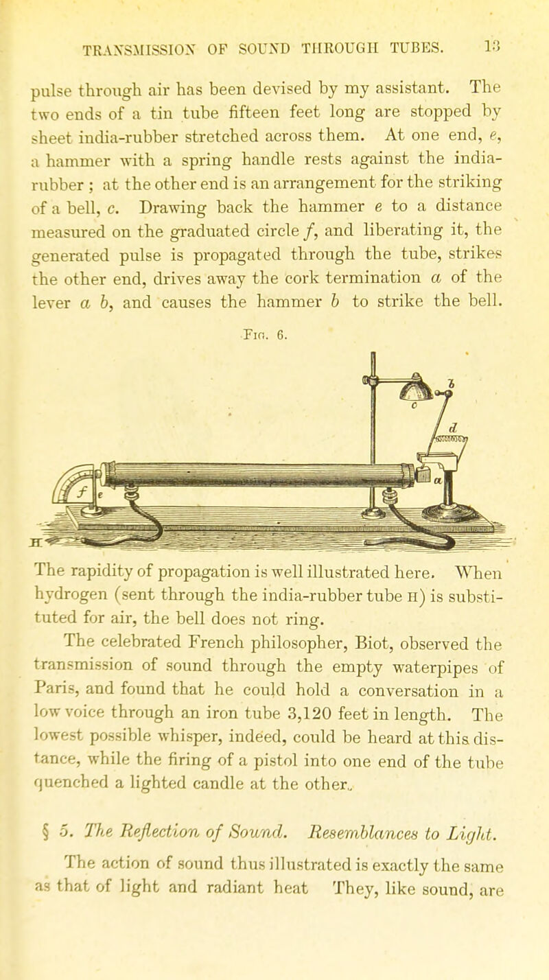 pulse through air has been devised by my assistant. The two ends of a tin tube fifteen feet long are stopped by sheet india-rubber stretched across them. At one end, e, a hammer with a spring handle rests against the india- rubber ; at the other end is an arrangement for the striking of a bell, c. Drawing back the hammer e to a distance measured on the graduated circle /, and liberating it, the generated pulse is propagated through the tube, strikes the other end, drives away the cork termination a of the lever a b, and causes the hammer b to strike the bell. Fin. 6. The rapidity of propagation is well illustrated here. When hydrogen (sent through the india-rubber tube h) is substi- tuted for air, the bell does not ring. The celebrated French philosopher, Biot, observed the transmission of sound through the empty waterpipes of Paris, and found that he could hold a conversation in a low voice through an iron tube 3,120 feet in length. The lowest possible whisper, indeed, could be heard at this dis- tance, while the firing of a pistol into one end of the tube quenched a lighted candle at the other.. § 5. The Reflection of Sound. Resemblances to Light. The action of sound thus illustrated is exactly the same as that of light and radiant heat They, like sound, are